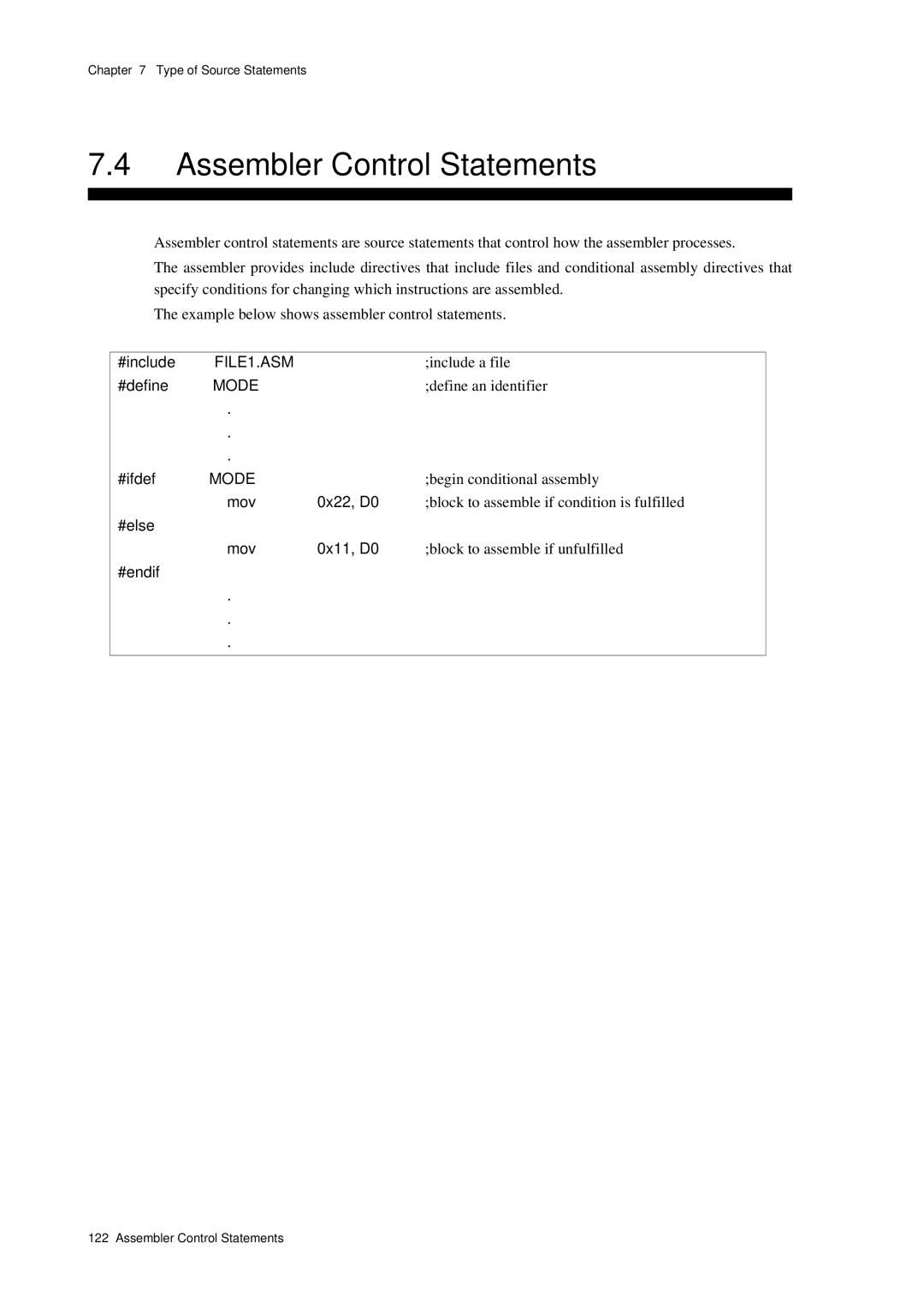 Panasonic MN1030 user manual Assembler Control Statements, #else Mov 0x22, D0, Mov 0x11, D0 