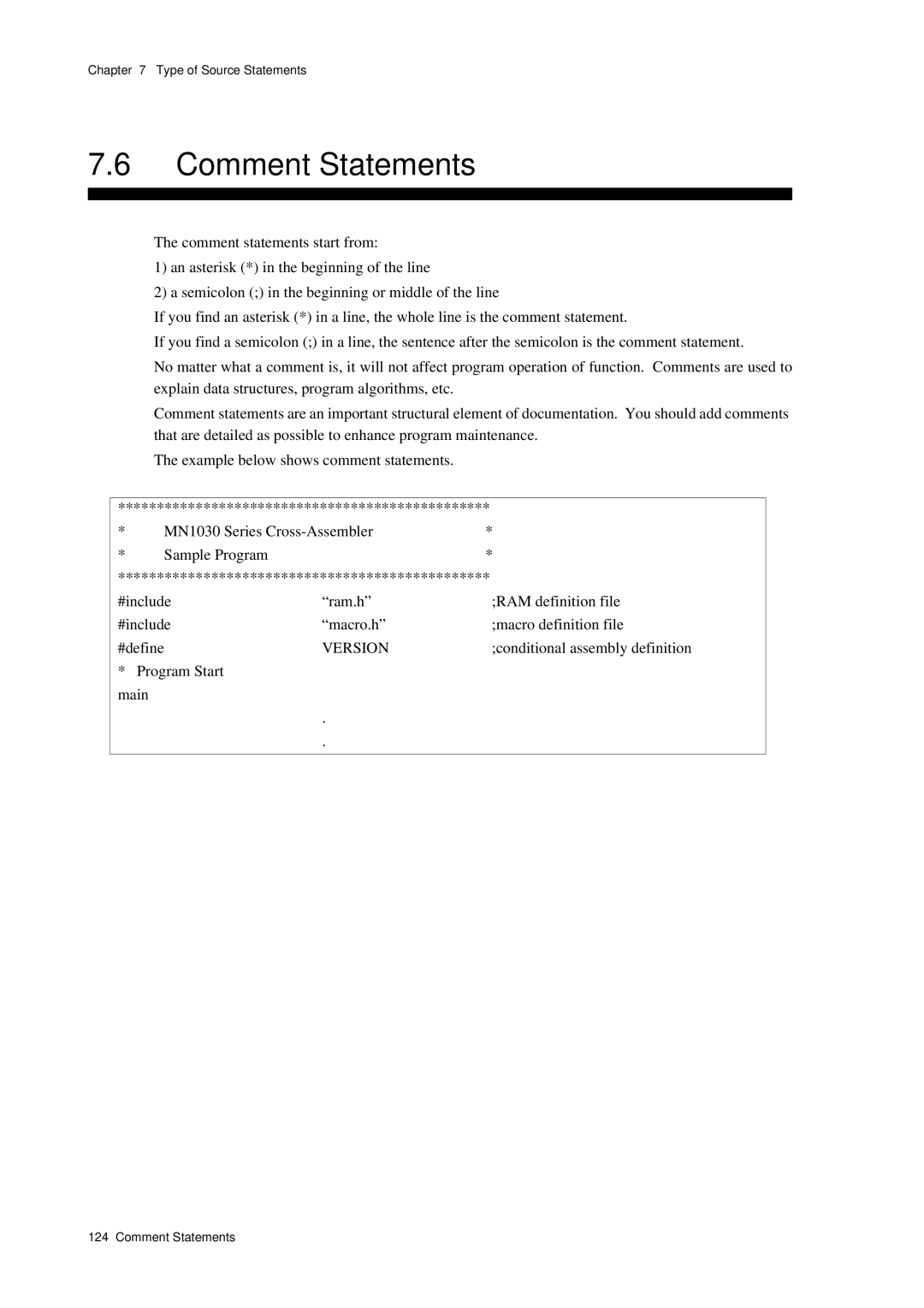 Panasonic MN1030 user manual Comment Statements, Conditional assembly definition, Program Start main 