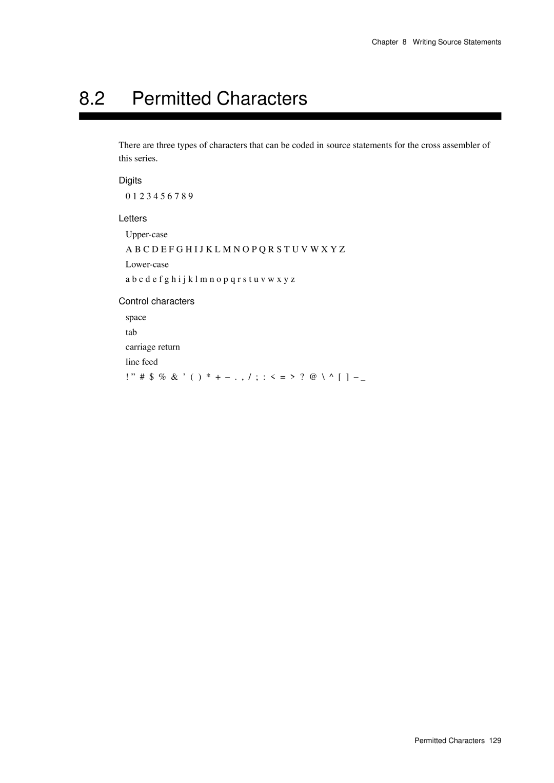 Panasonic MN1030 user manual Permitted Characters, Digits, 2 3 4 5 6 7 8, Letters, Control characters 