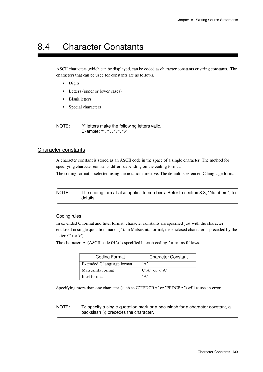 Panasonic MN1030 user manual Character Constants, Character constants 