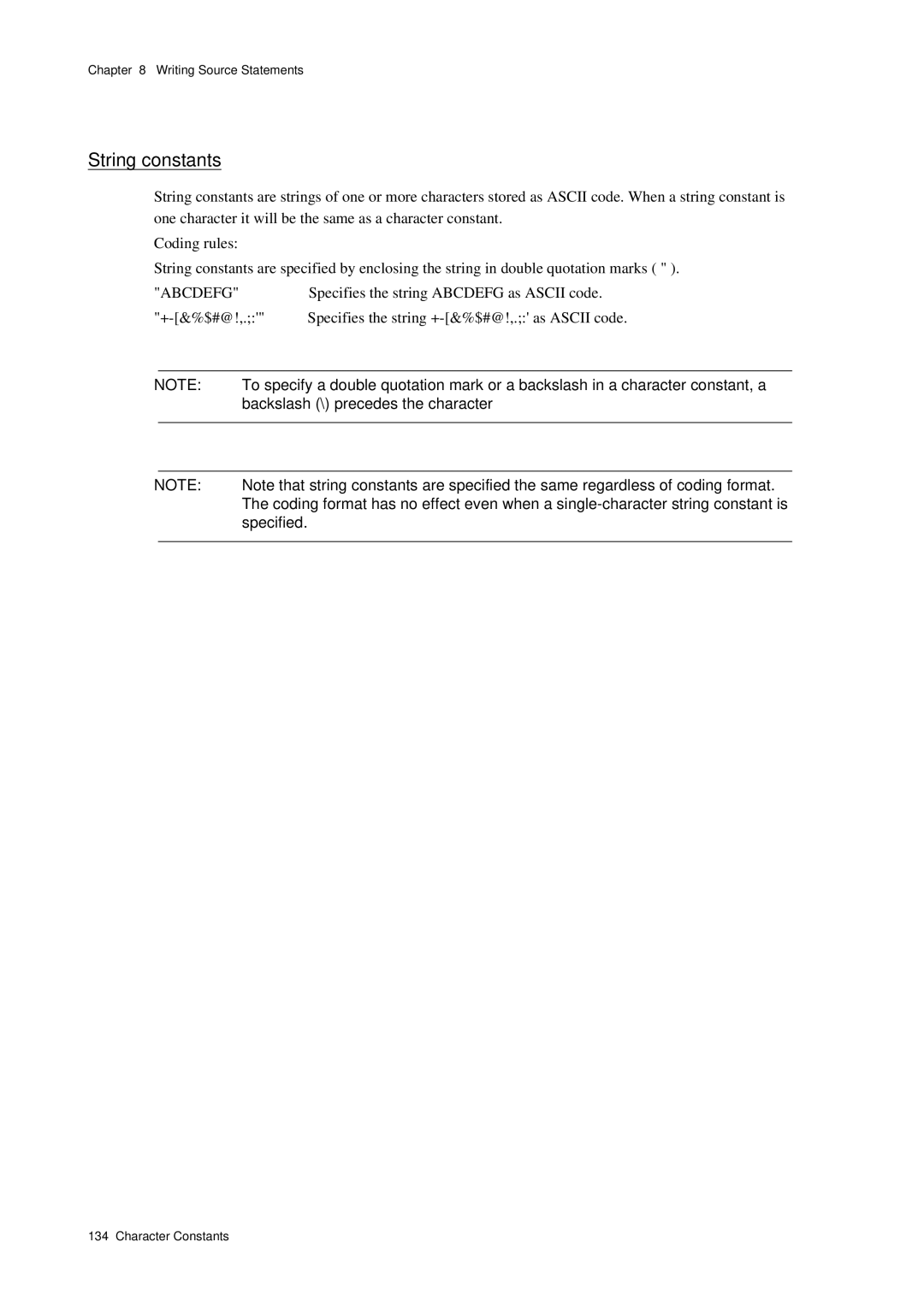 Panasonic MN1030 user manual String constants, Specifies the string Abcdefg as Ascii code, Specified 