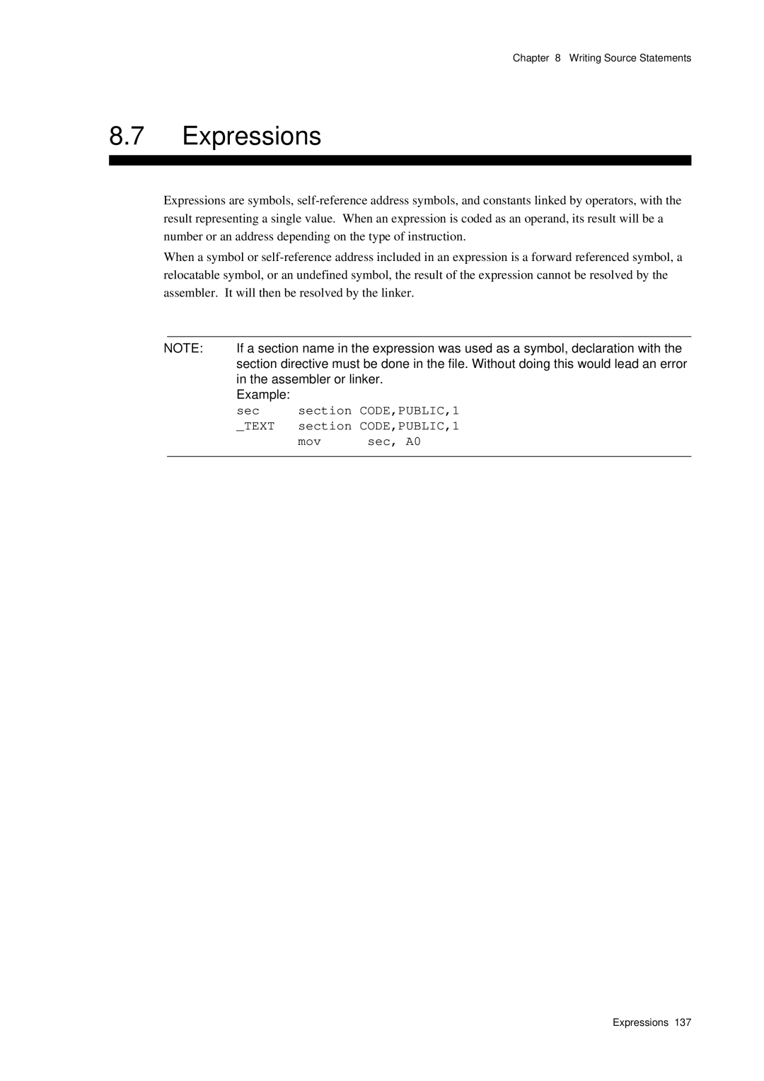 Panasonic MN1030 user manual Expressions, Assembler or linker, Section CODE,PUBLIC,1, Mov Sec, A0 