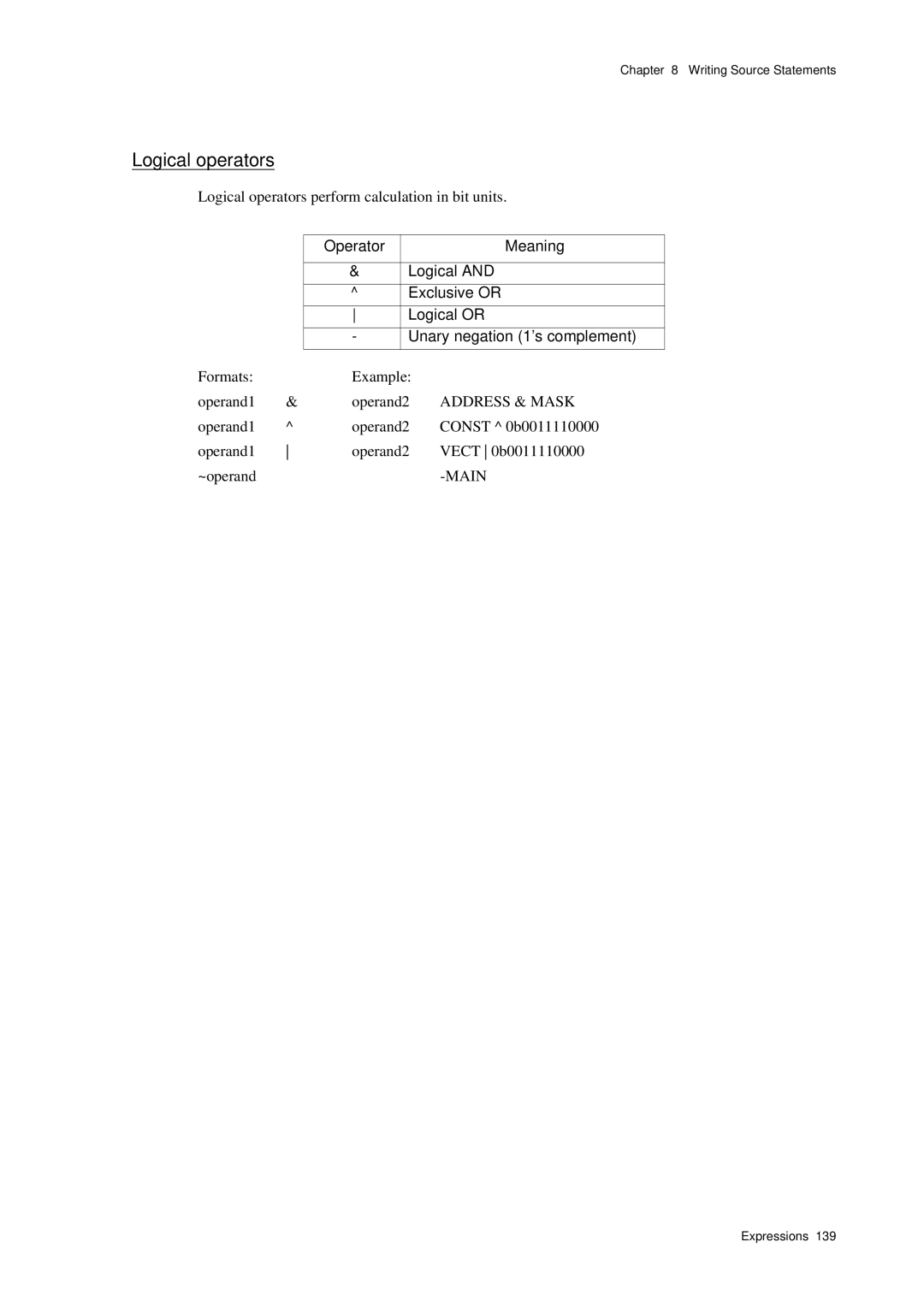 Panasonic MN1030 user manual Logical operators perform calculation in bit units, Formats Example Operand1 Operand2 