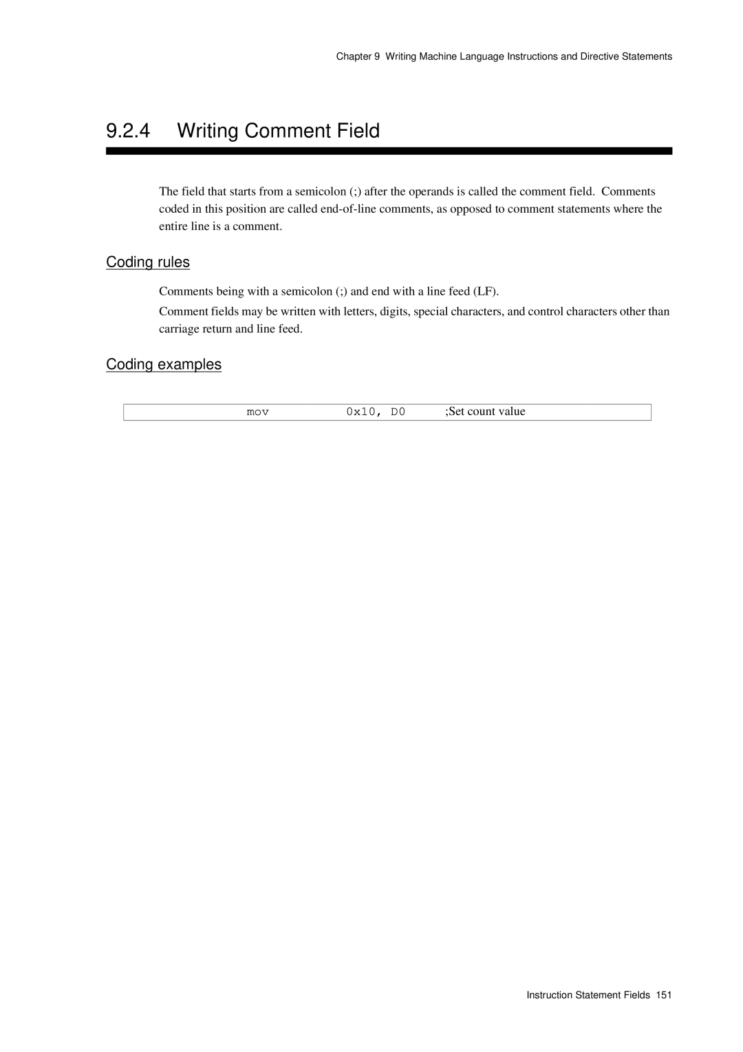 Panasonic MN1030 user manual Writing Comment Field, Mov 0x10, D0, Set count value 