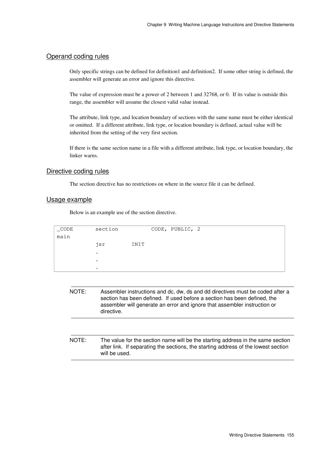 Panasonic MN1030 user manual Operand coding rules, Directive coding rules, Usage example, Main Jsr 