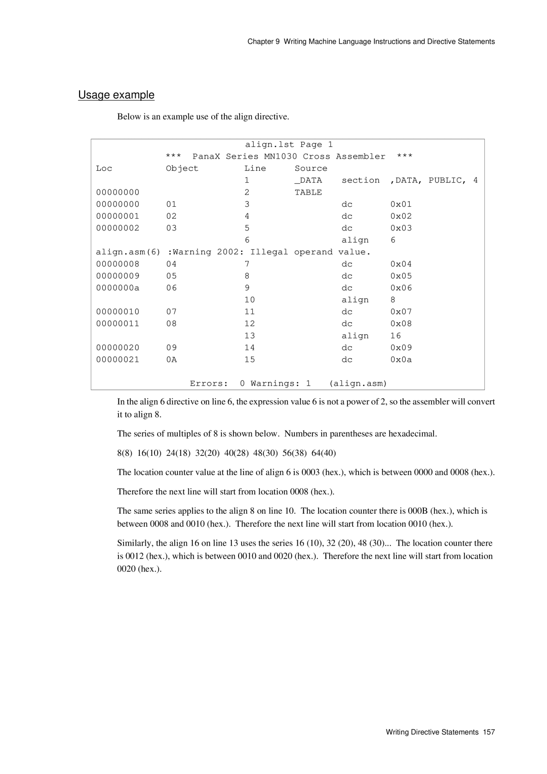 Panasonic MN1030 user manual Below is an example use of the align directive, 00000000, 0x01 