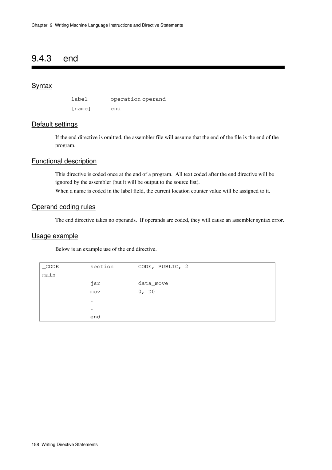 Panasonic MN1030 3 end, Label, Name end, Below is an example use of the end directive, Main Jsr Datamove Mov End 