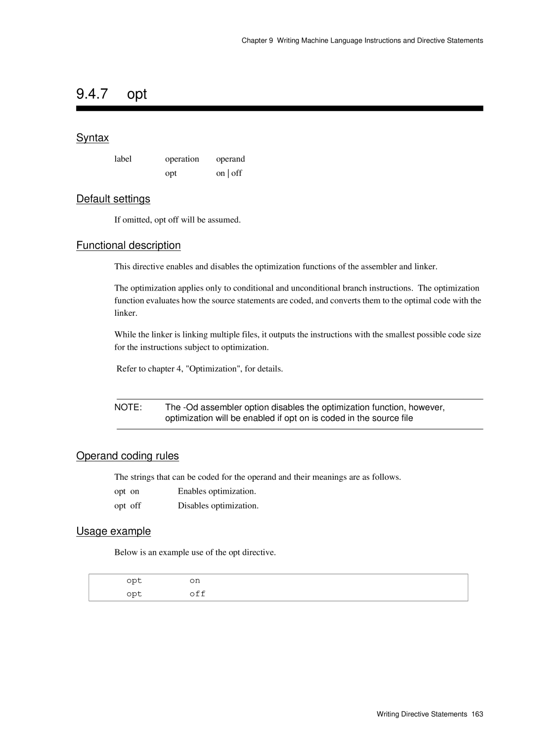 Panasonic MN1030 user manual 7 opt, Opt on Opt off 