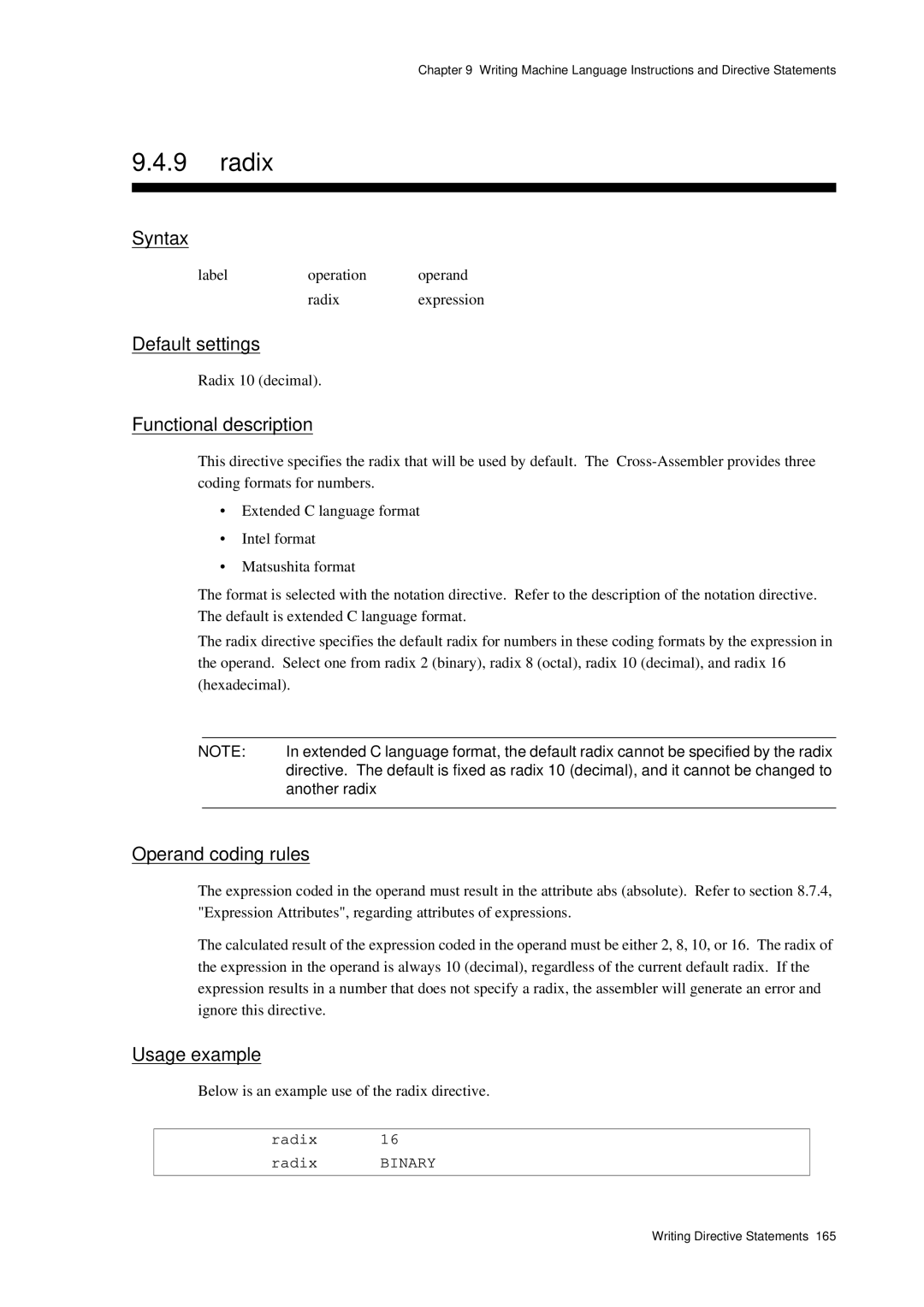 Panasonic MN1030 user manual Label Operation Operand Radix Expression, Another radix, Radix Radix Binary 