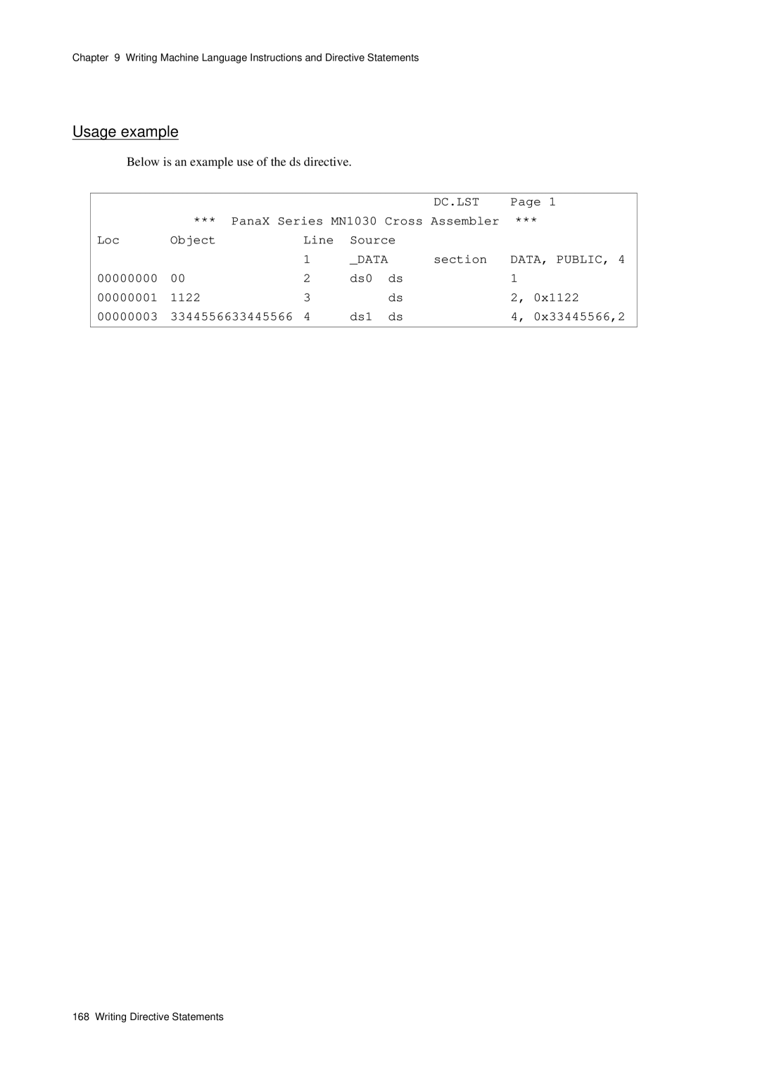 Panasonic Below is an example use of the ds directive, PanaX Series MN1030 Cross Assembler Loc Object Line Source, Ds0 