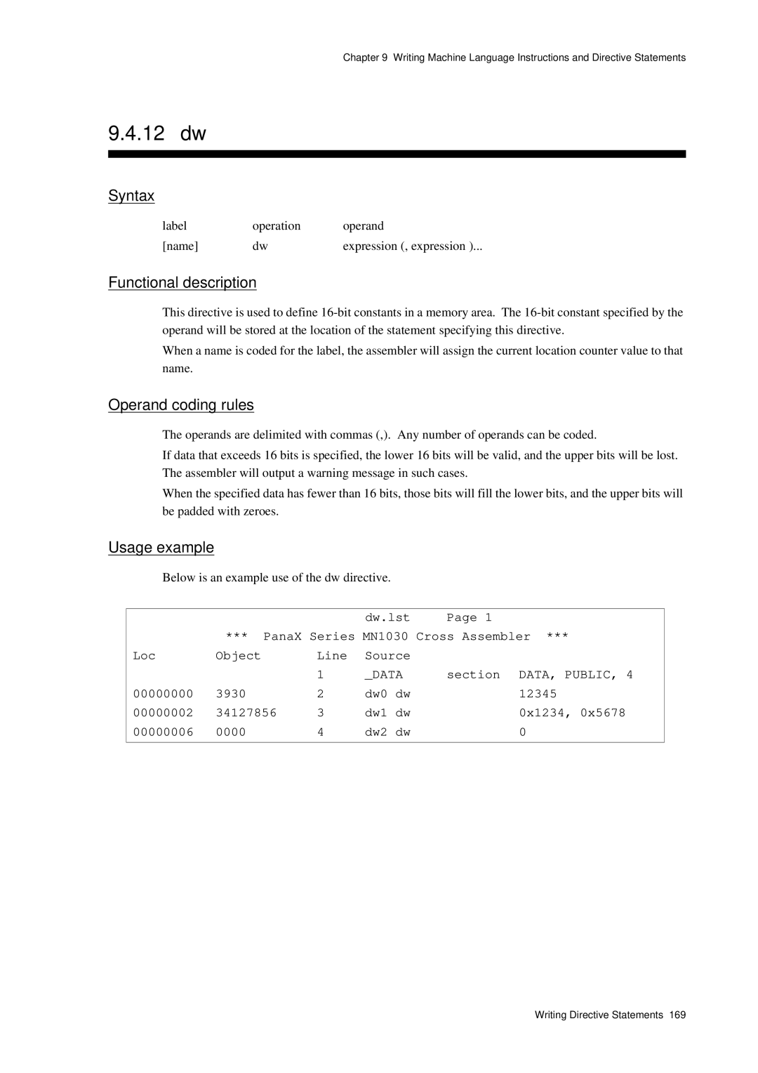 Panasonic MN1030 user manual 12 dw, Section DATA, Public, 3930 Dw0 dw 12345, 34127856 Dw1 dw 0x1234, 0000 Dw2 dw 