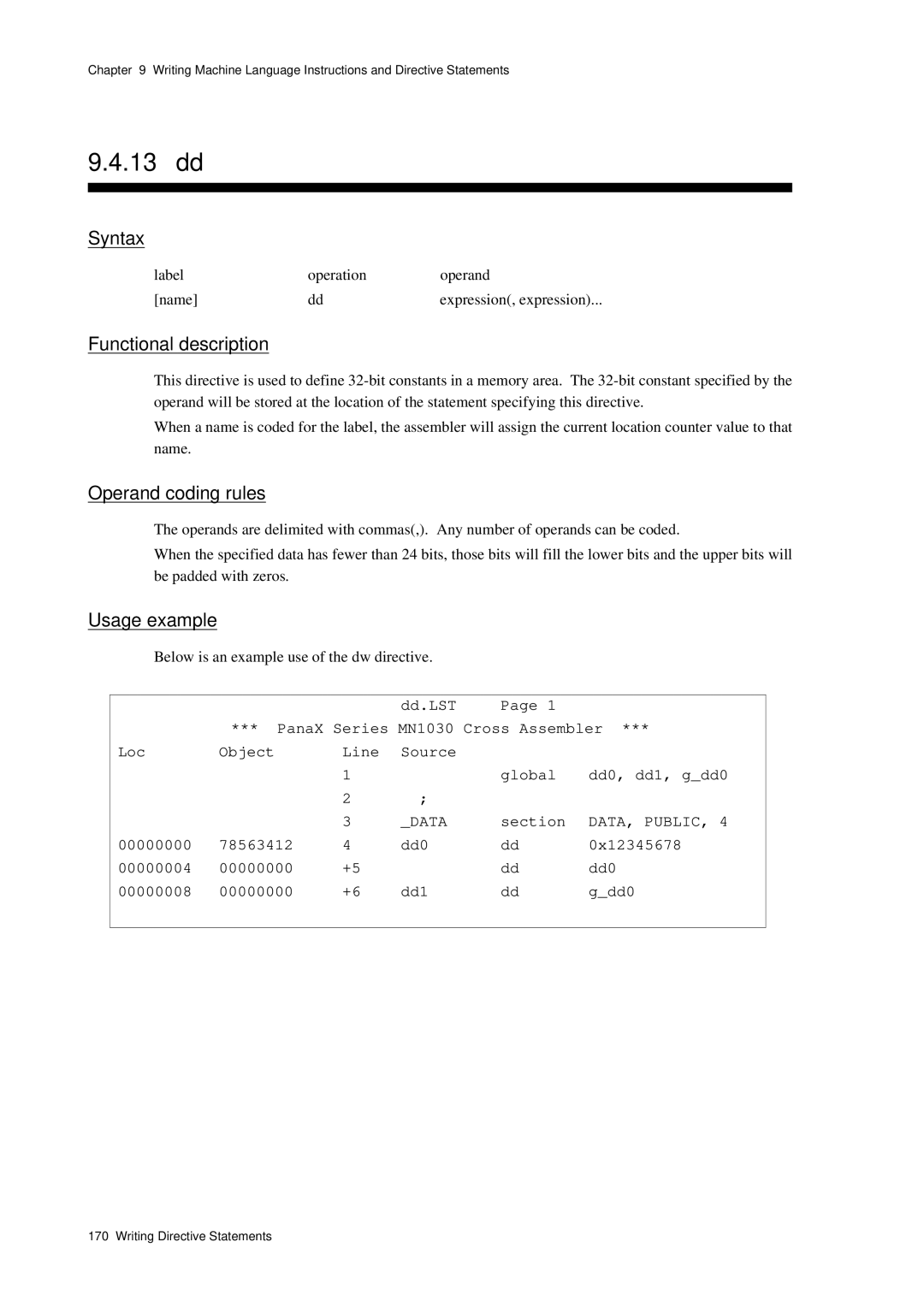 Panasonic MN1030 13 dd, Label Operation Operand Name Expression, expression, 78563412 Dd0 0x12345678, 00000000 Dd0 