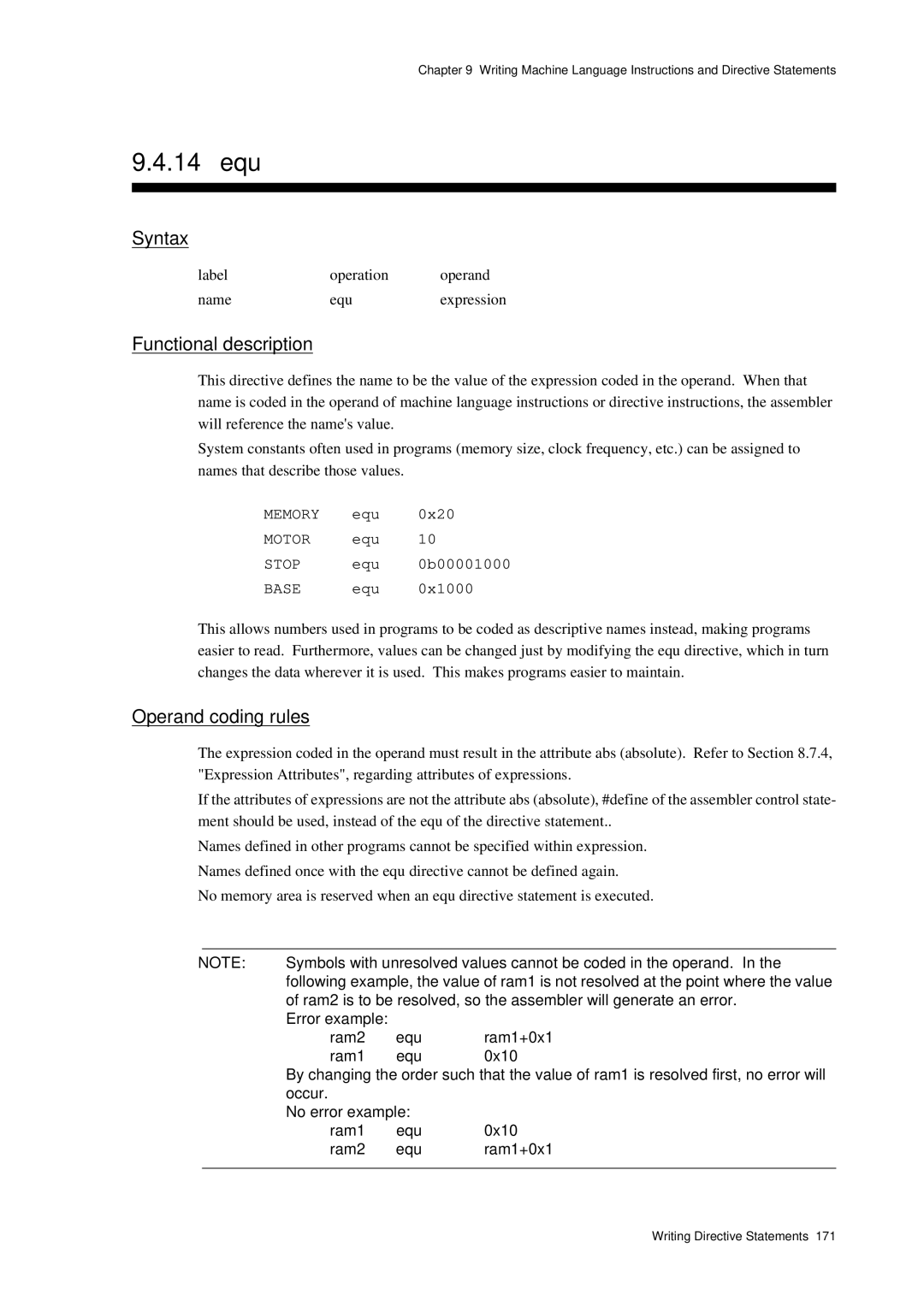 Panasonic MN1030 14 equ, Label Operation Operand Name Equ Expression, Memory equ Motor equ Stop equ 0b00001000 Base equ 