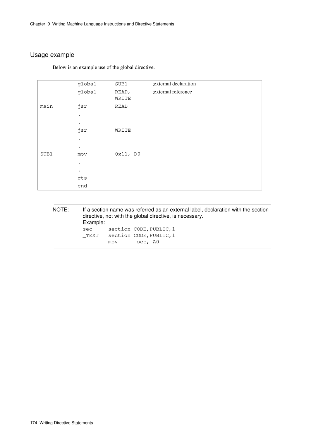 Panasonic MN1030 user manual Below is an example use of the global directive, External declaration, External reference 