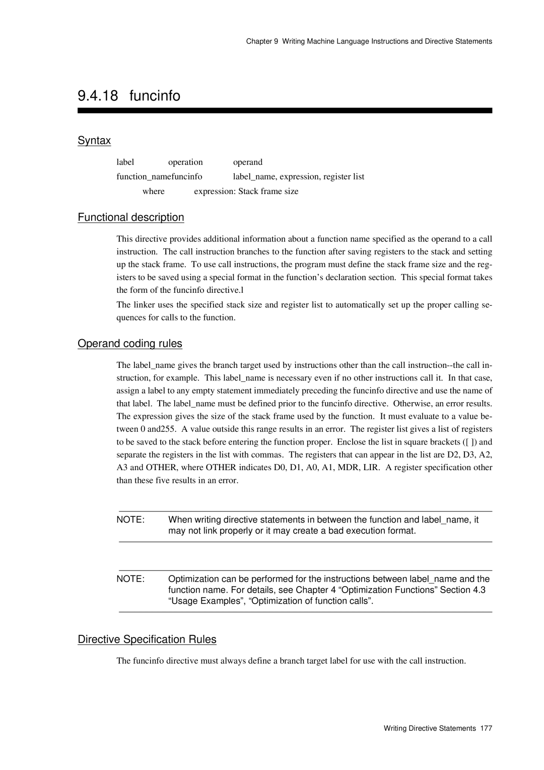 Panasonic MN1030 user manual Funcinfo, Directive Specification Rules, Usage Examples, Optimization of function calls 