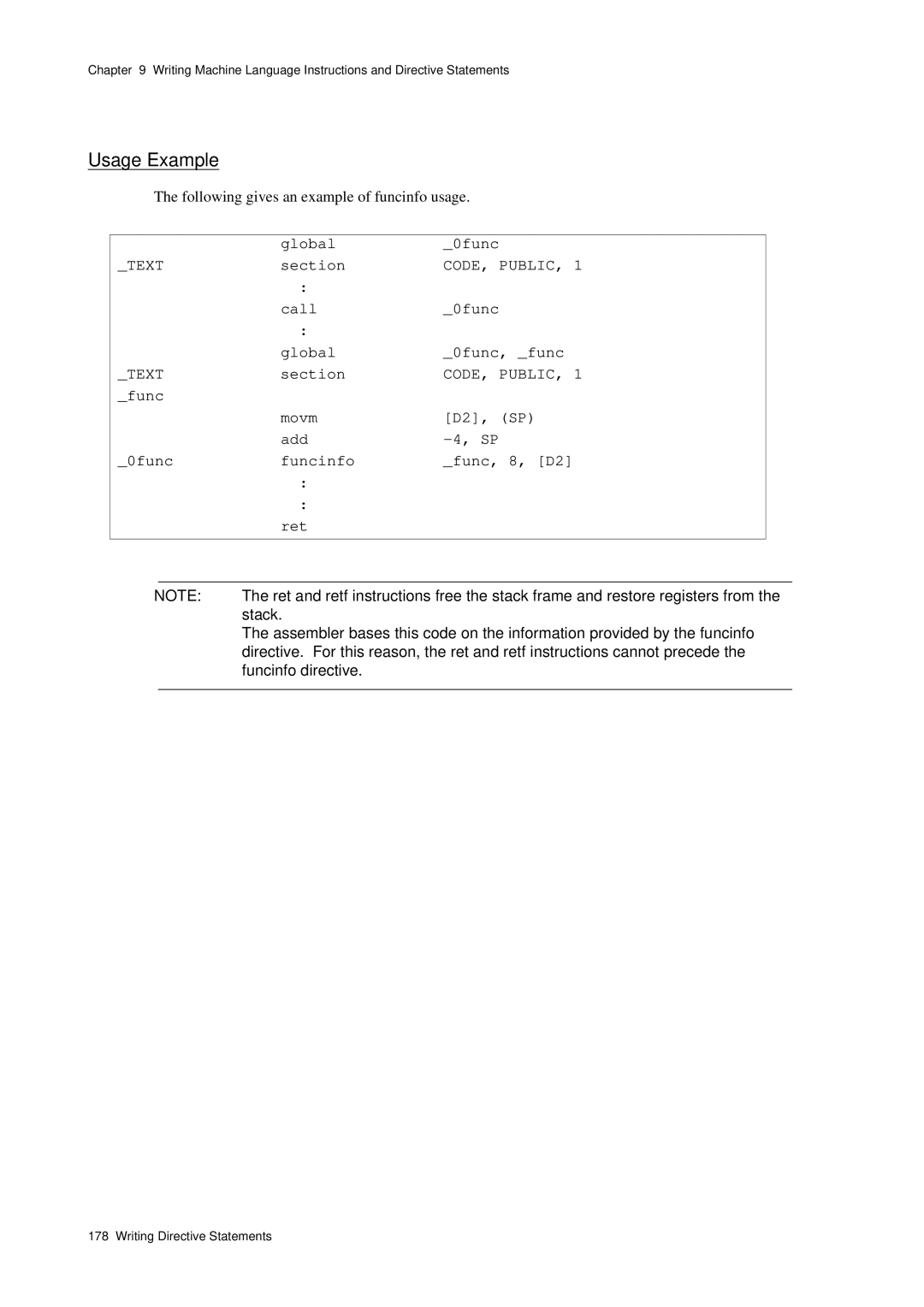 Panasonic MN1030 user manual Call 0func Global 0func, func, Func Movm D2, SP Add 0func Funcinfo Func, 8, D2 Ret, Stack 