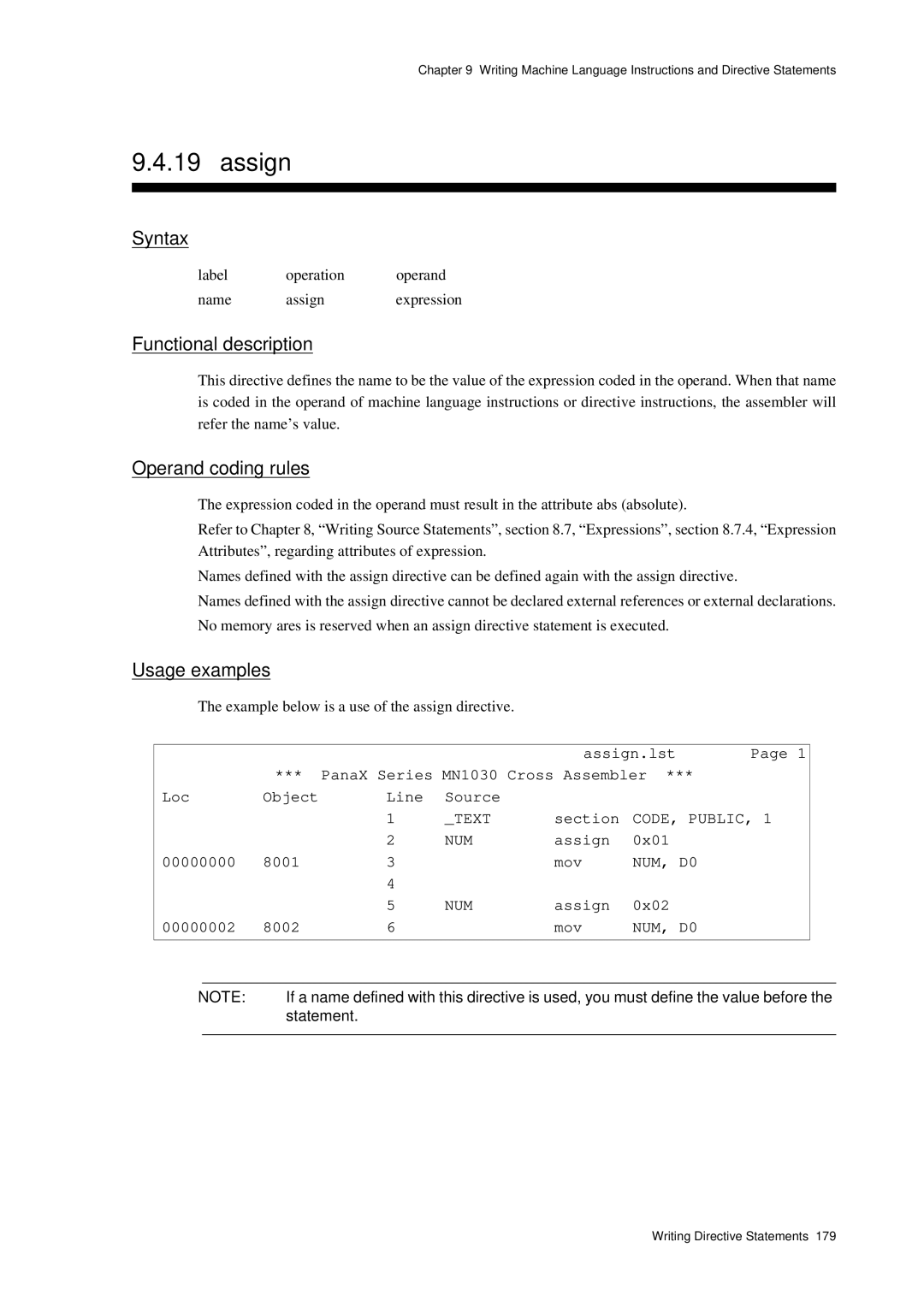 Panasonic MN1030 user manual Usage examples, Assign 0x01 00000000 8001 Mov, Assign 0x02 00000002 8002 Mov, Statement 