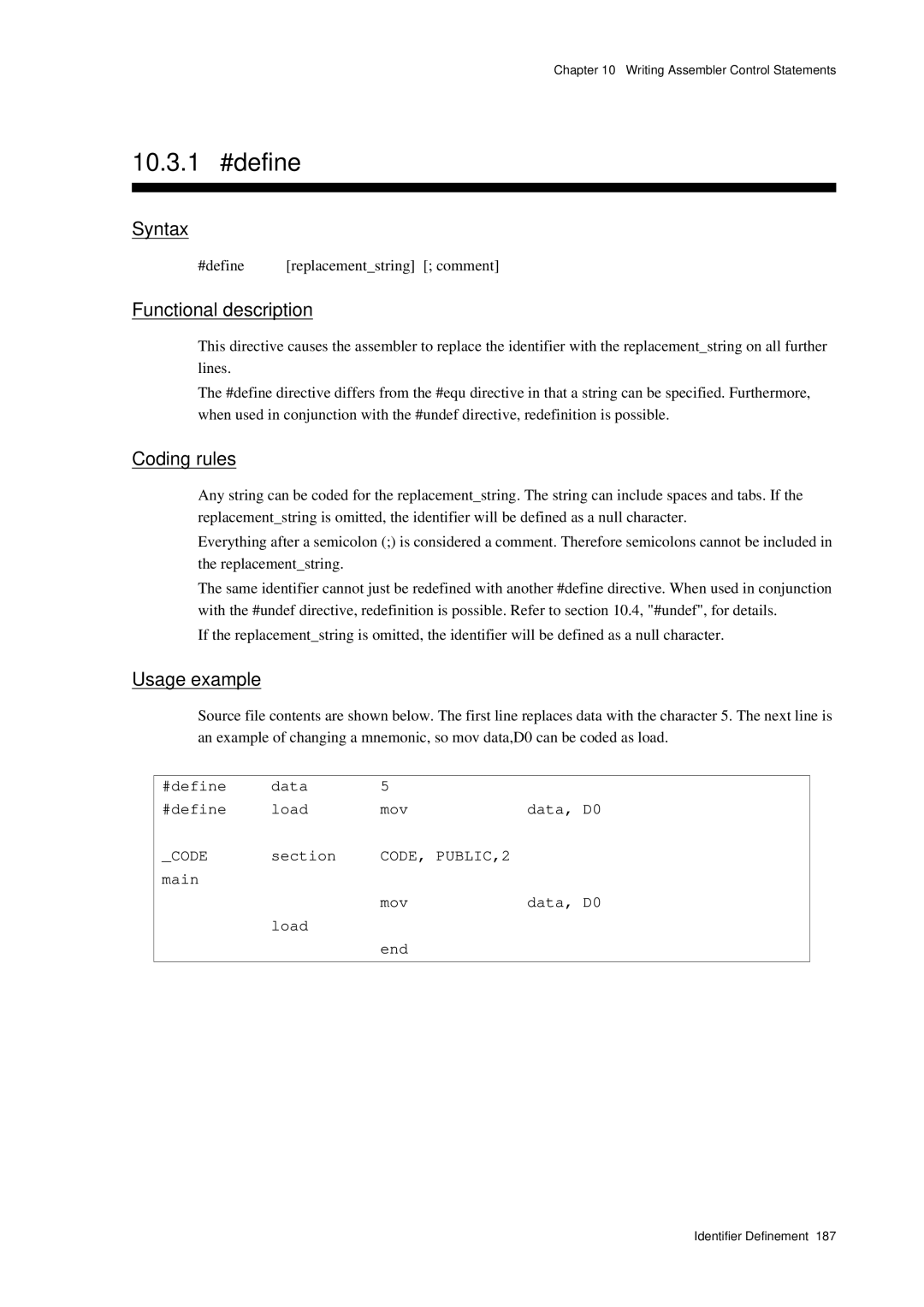 Panasonic MN1030 user manual 10.3.1 #define, #define Replacementstring comment, #define Data Load Mov Data, D0 