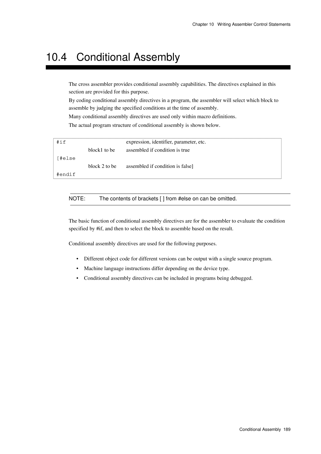 Panasonic MN1030 user manual Conditional Assembly, #if, Contents of brackets from #else on can be omitted 