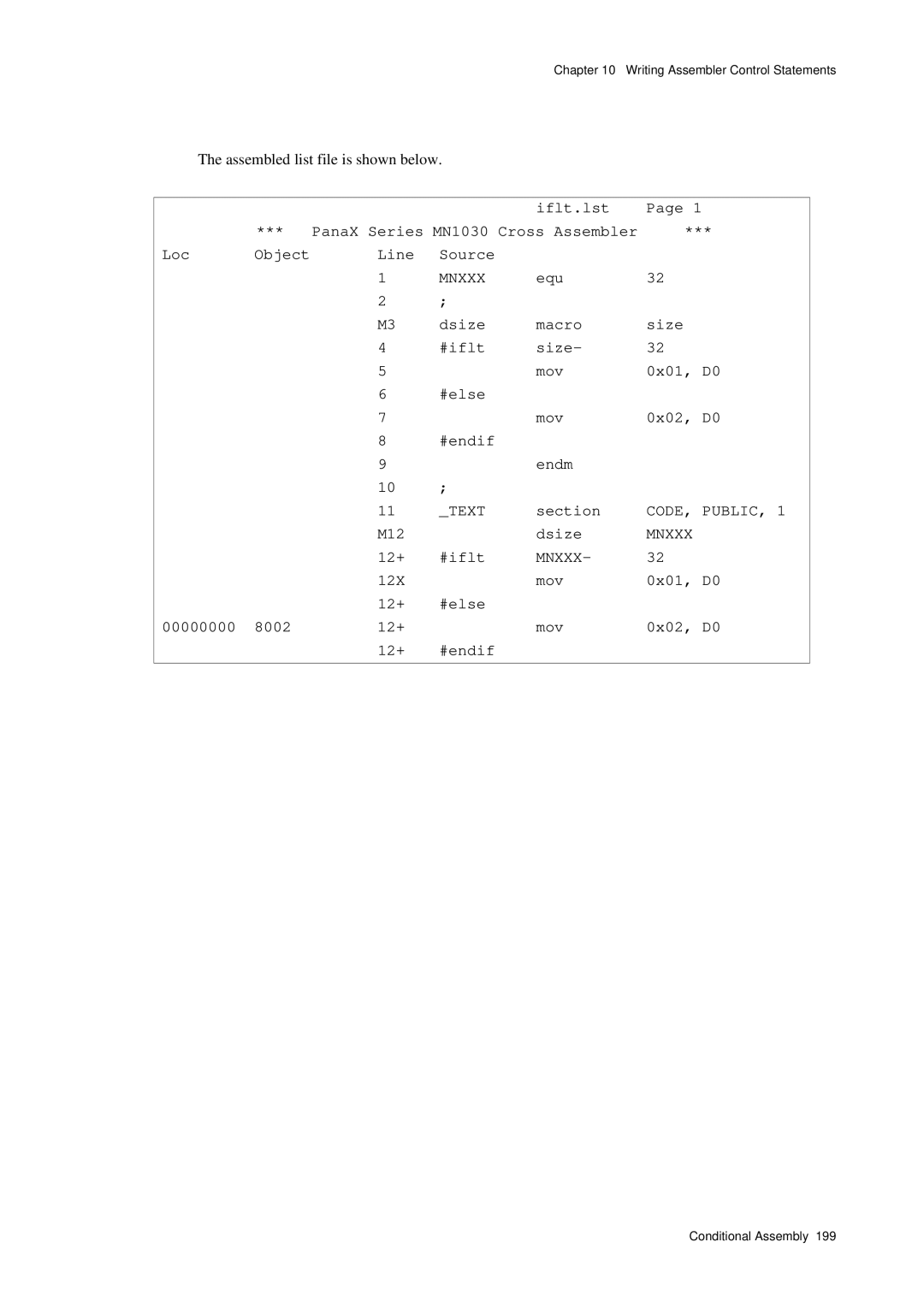 Panasonic MN1030 user manual M12 Dsize, 12+ #iflt, 12X Mov 0x01, D0 12+ #else, 8002 12+ Mov 0x02, D0 #endif 