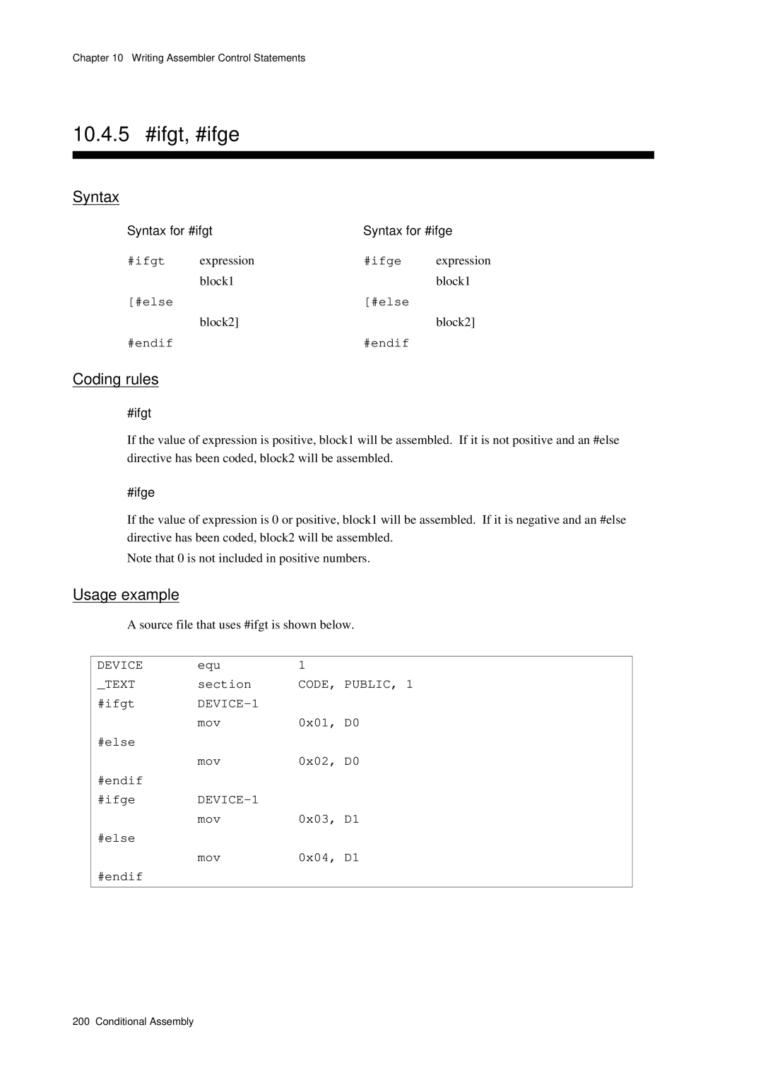 Panasonic MN1030 user manual 10.4.5 #ifgt, #ifge, #else Mov 0x01, D0 0x02, D0 #endif #ifge 