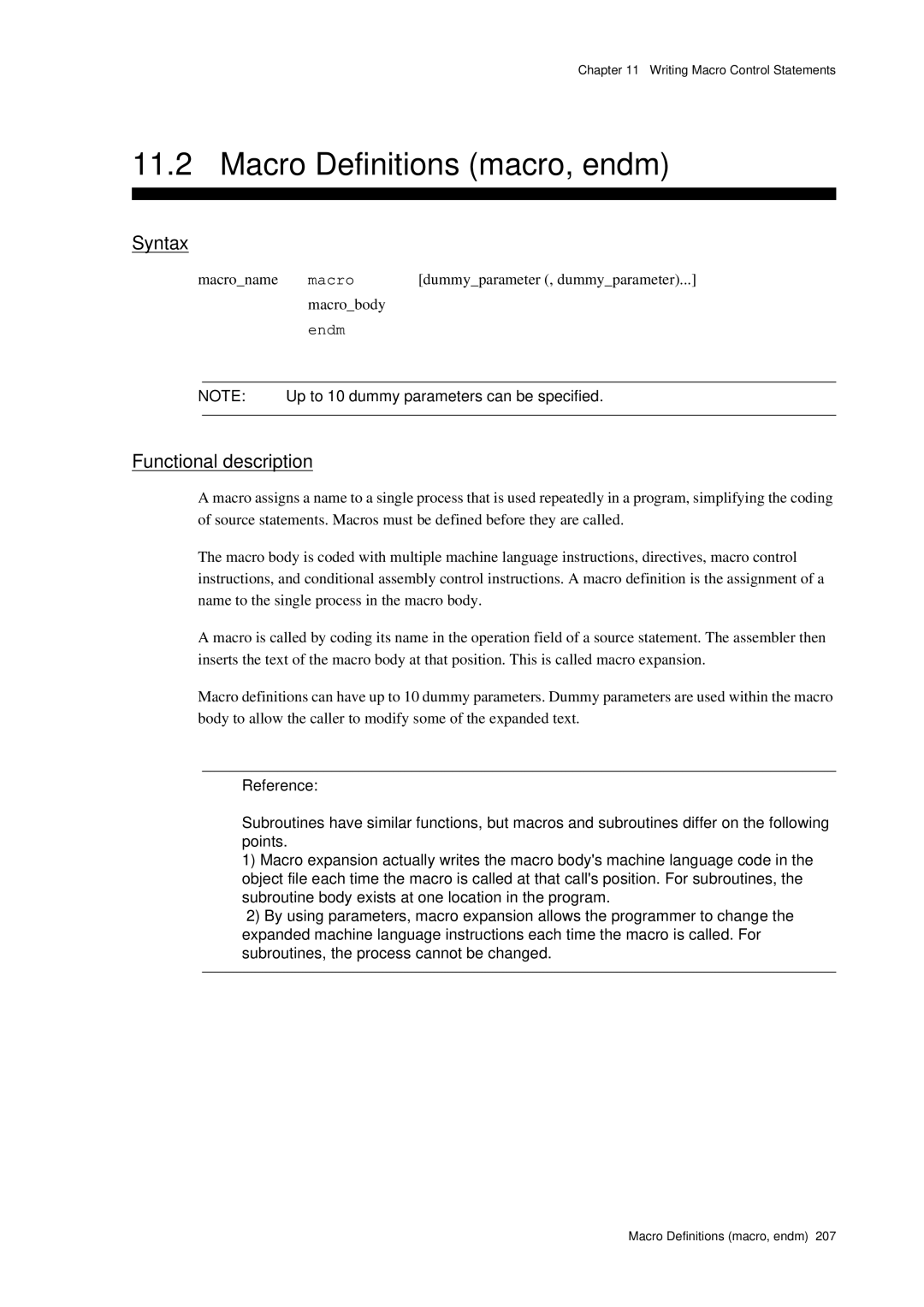 Panasonic MN1030 user manual Macro Definitions macro, endm, Macroname, Dummyparameter , dummyparameter, Macrobody 