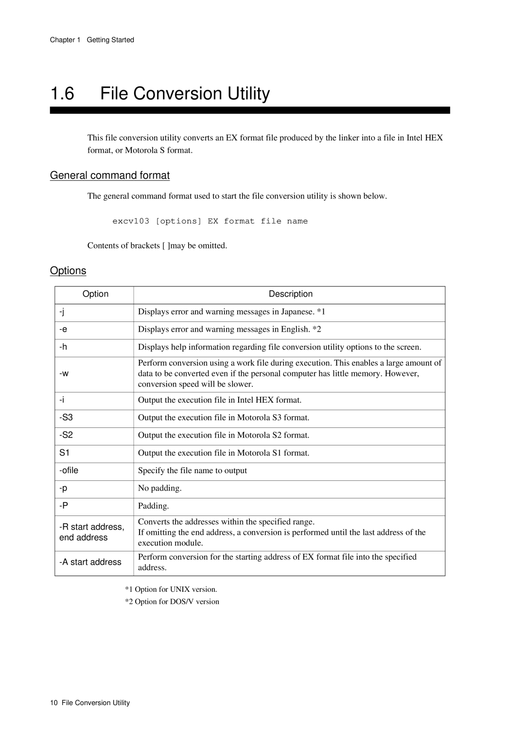 Panasonic MN1030 user manual File Conversion Utility, General command format, Options, Excv103 options EX format file name 