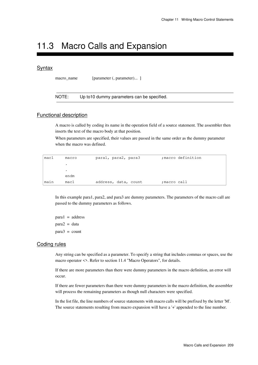 Panasonic MN1030 Macro Calls and Expansion, Macroname Parameter , parameter, Up to10 dummy parameters can be specified 