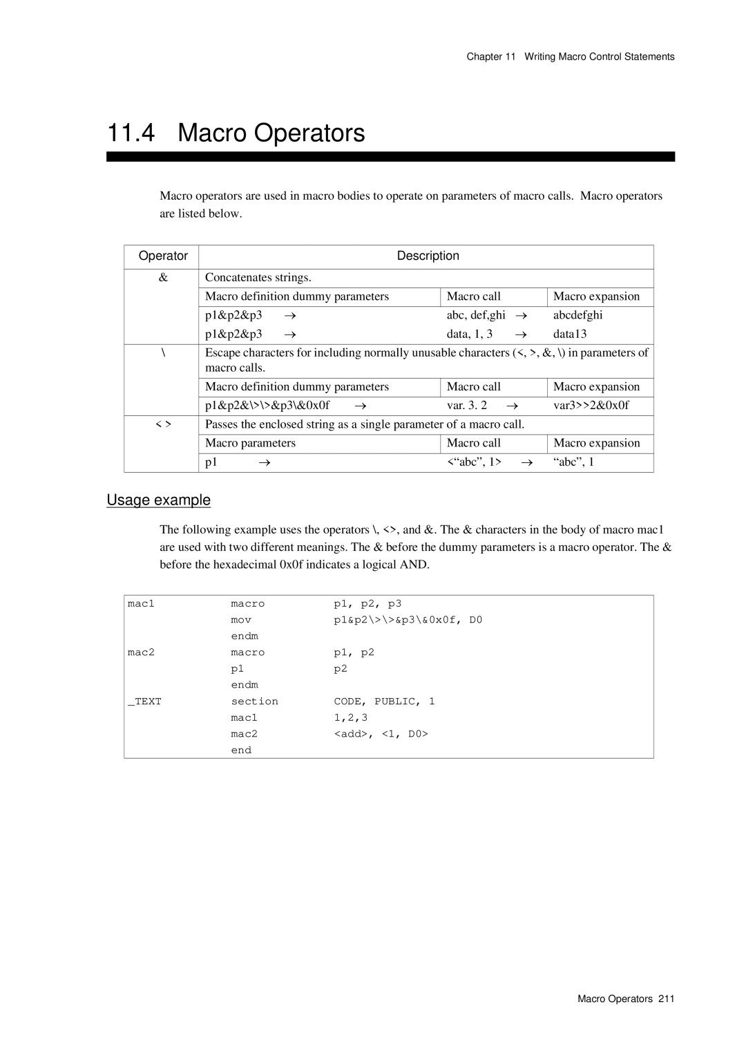 Panasonic MN1030 user manual Macro Operators, Operator Description 