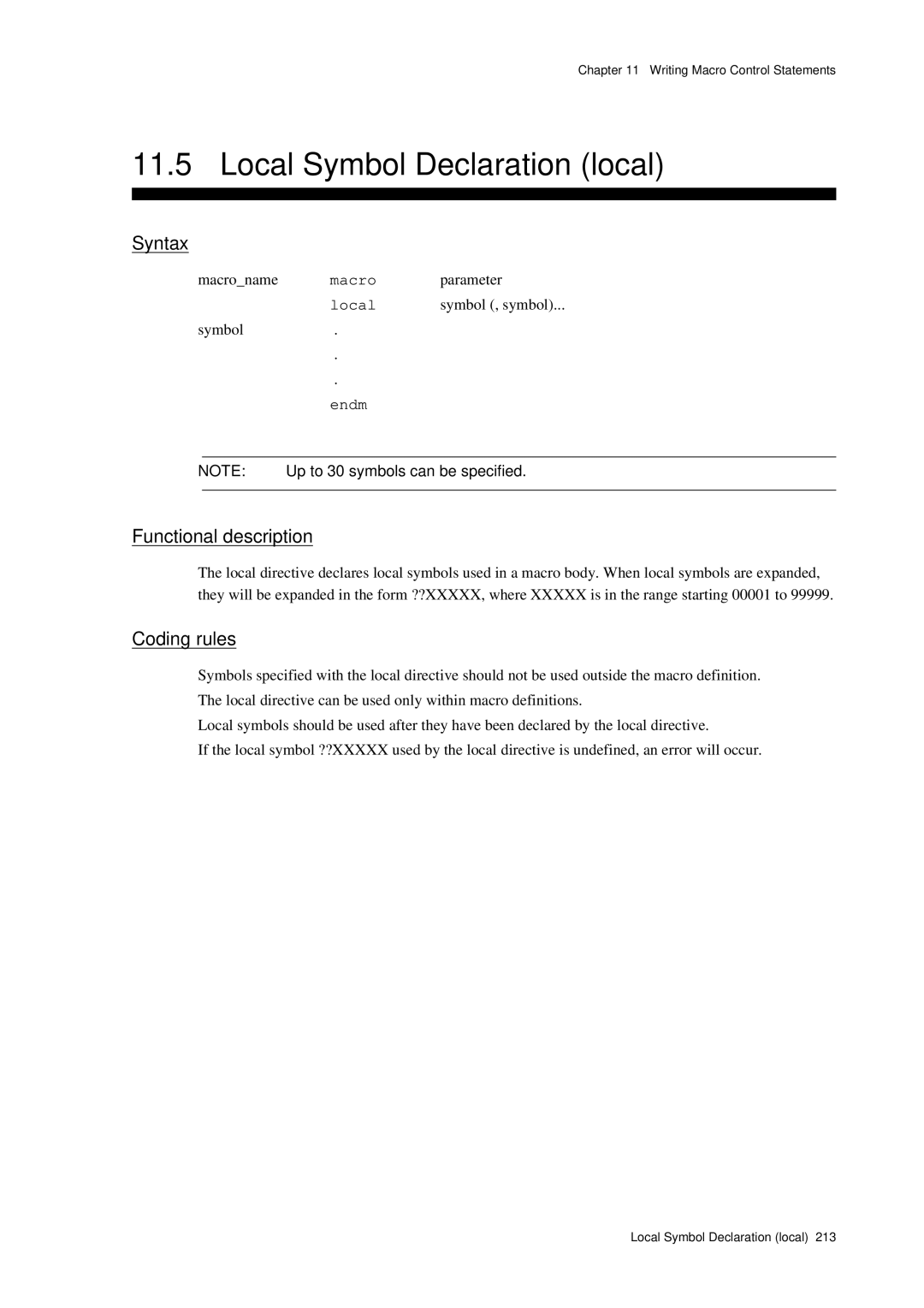 Panasonic MN1030 user manual Local Symbol Declaration local, Macroname macro parameter Local symbol , symbol Symbol 