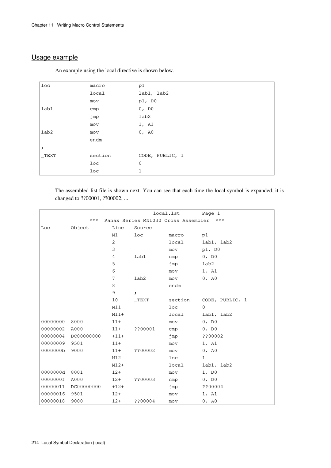 Panasonic MN1030 user manual Usage example, An example using the local directive is shown below 