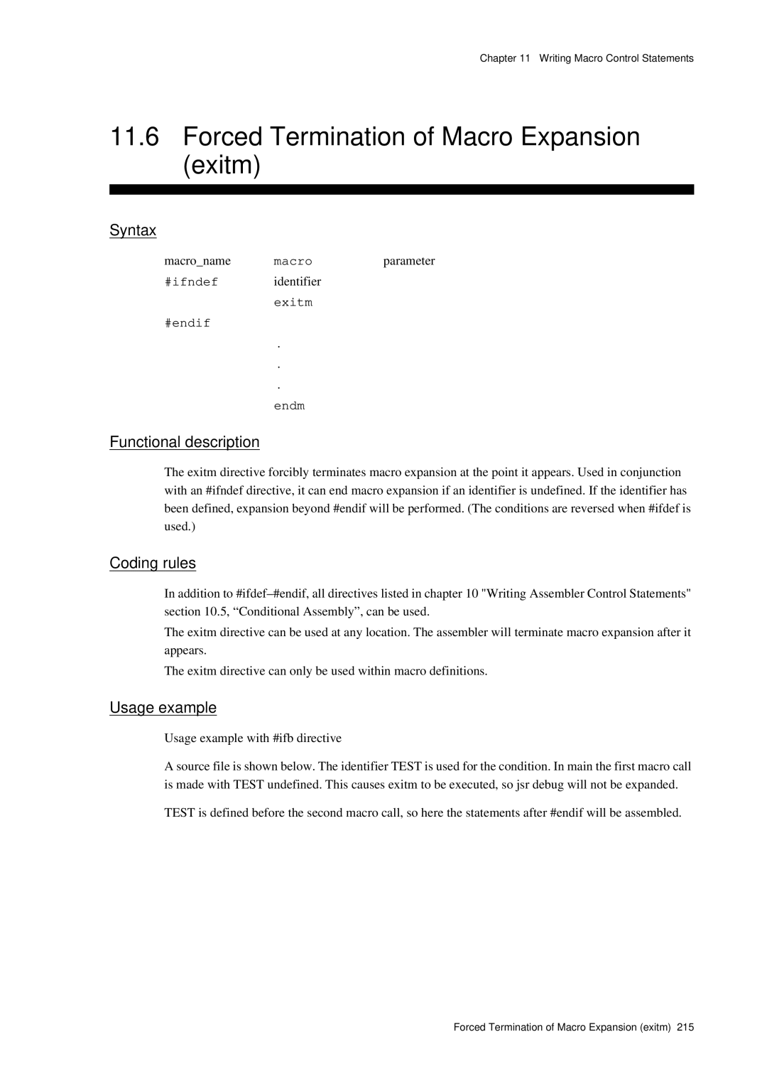 Panasonic MN1030 user manual Forced Termination of Macro Expansion exitm, Parameter, #endif Exitm Endm 