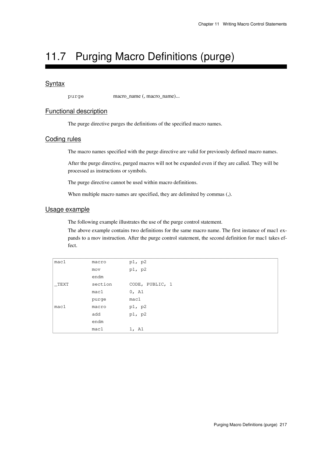 Panasonic MN1030 user manual Purging Macro Definitions purge, Purge macroname , macroname 