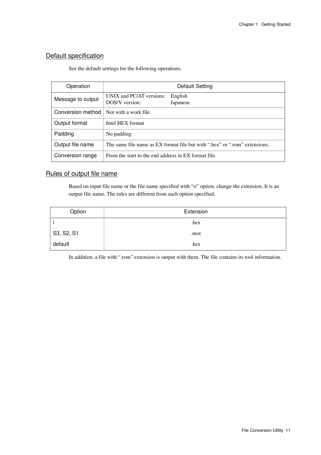 Panasonic MN1030 user manual Default specification, Rules of output file name 