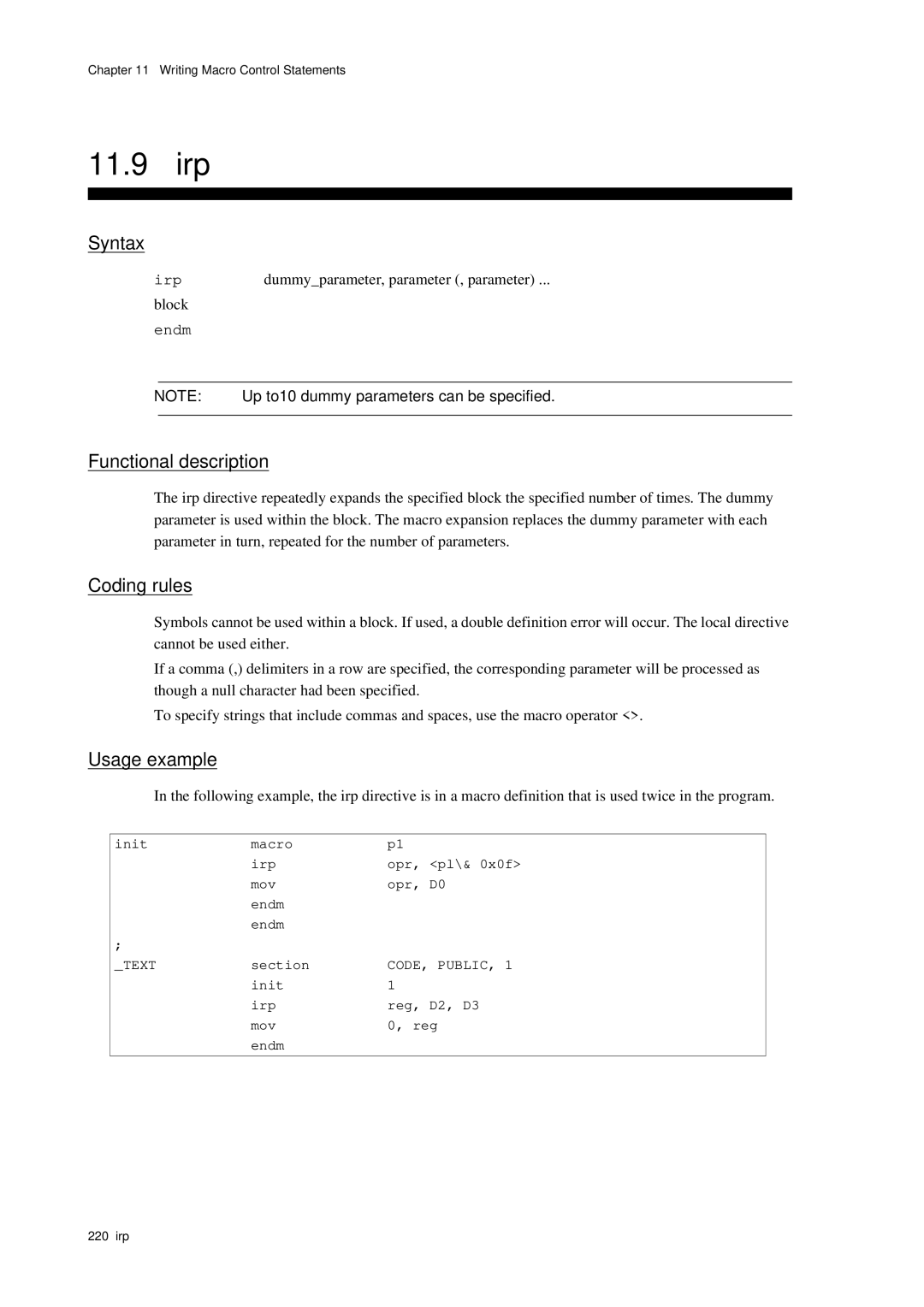 Panasonic MN1030 user manual 11.9 irp, Irp, Dummyparameter, parameter , parameter, Block 