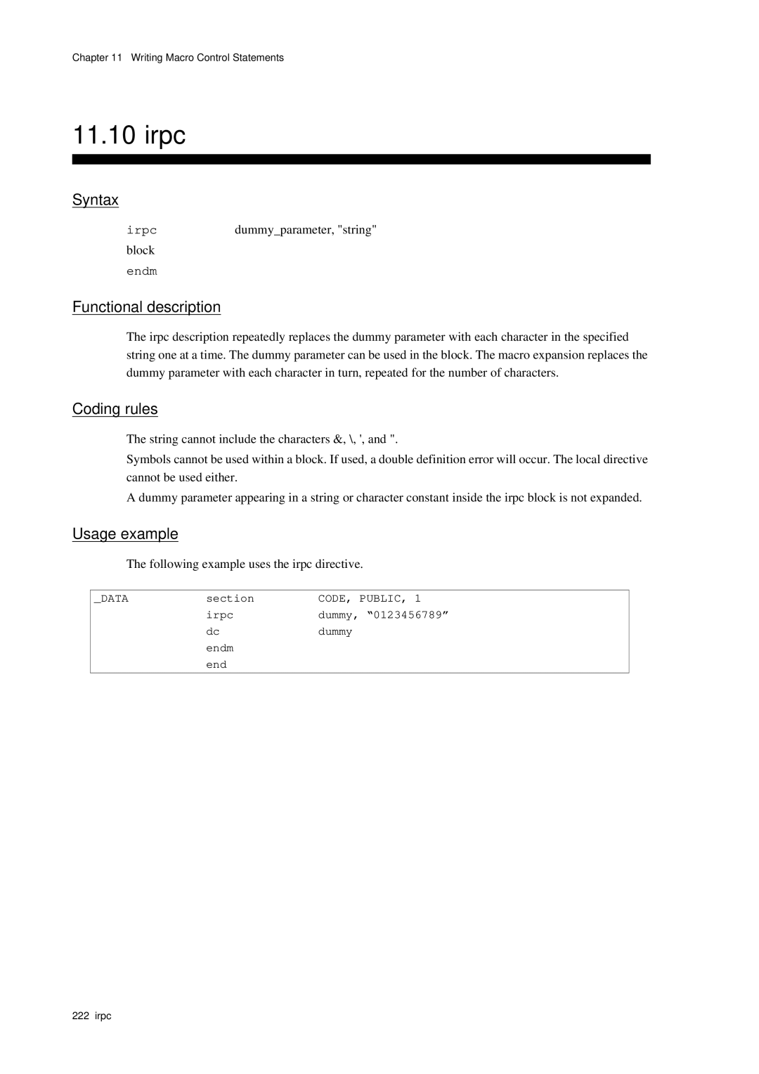 Panasonic MN1030 user manual Irpc, Dummyparameter, string, Following example uses the irpc directive 