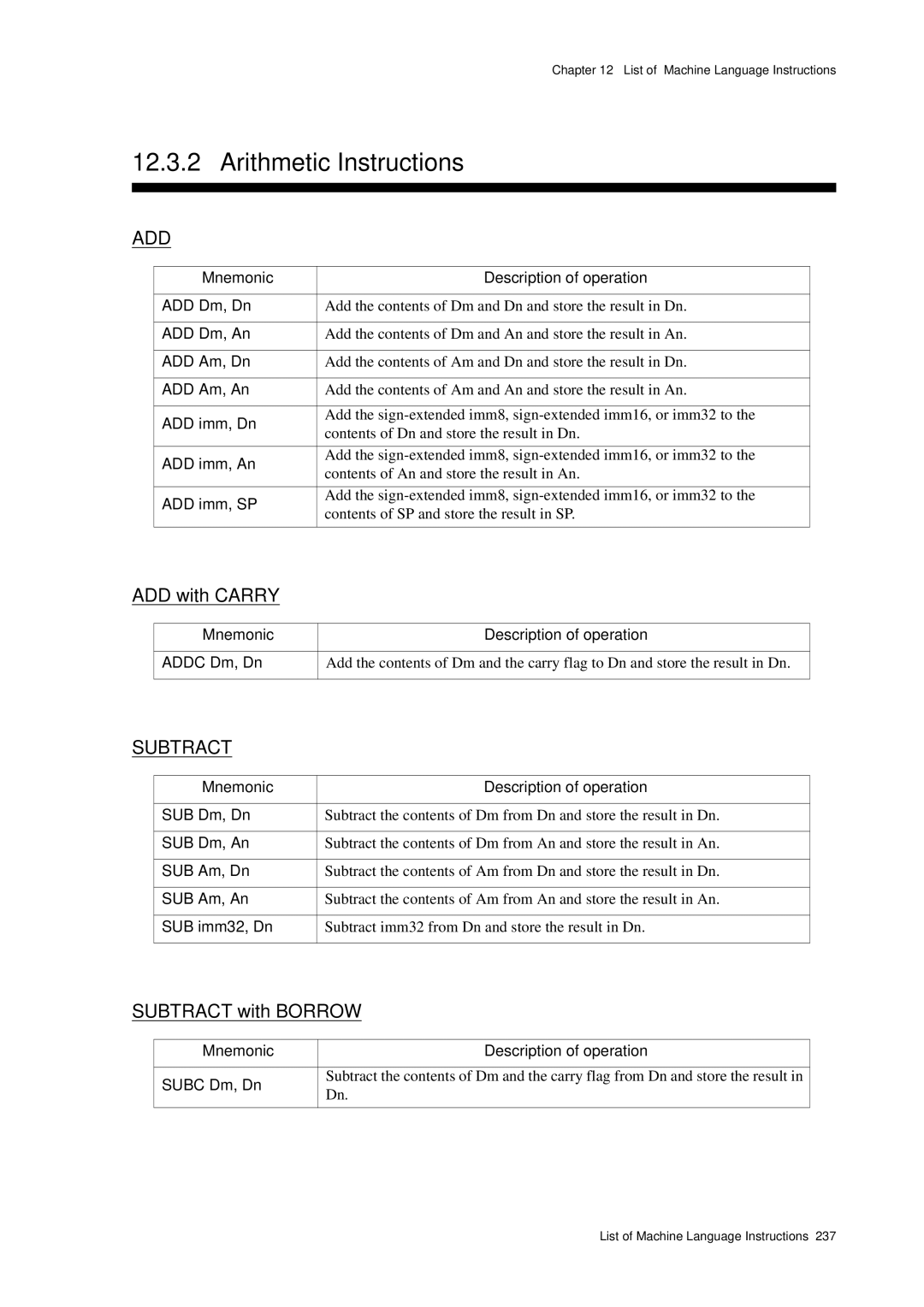 Panasonic MN1030 user manual Arithmetic Instructions, ADD with Carry, Subtract with Borrow 