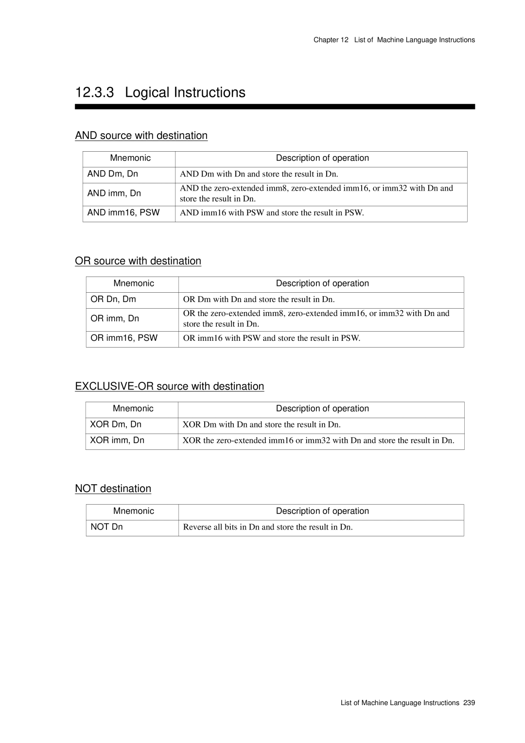 Panasonic MN1030 user manual Logical Instructions, Source with destination, Or source with destination, Not destination 