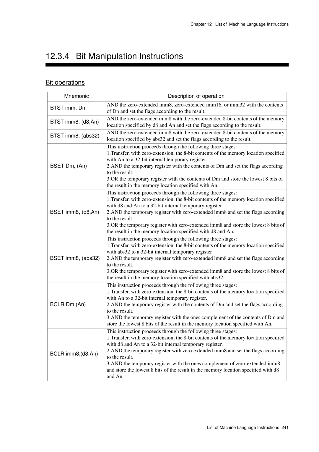 Panasonic MN1030 user manual Bit Manipulation Instructions, Bit operations 