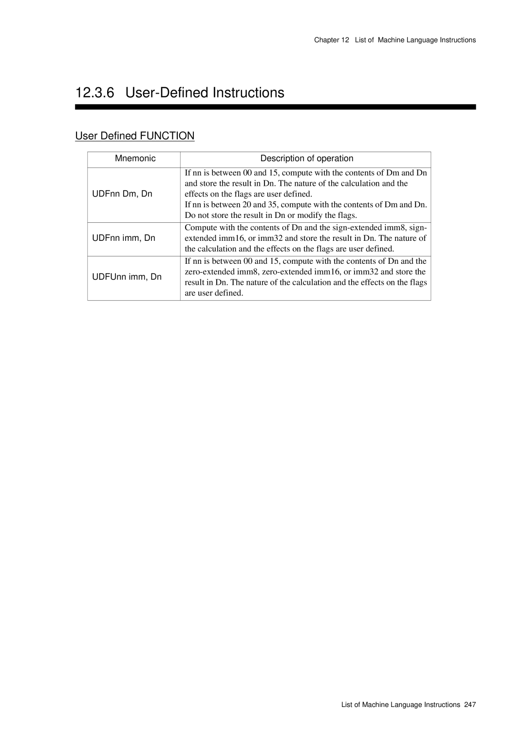 Panasonic MN1030 user manual User-Defined Instructions, User Defined Function, UDFnn Dm, Dn, UDFnn imm, Dn, UDFUnn imm, Dn 