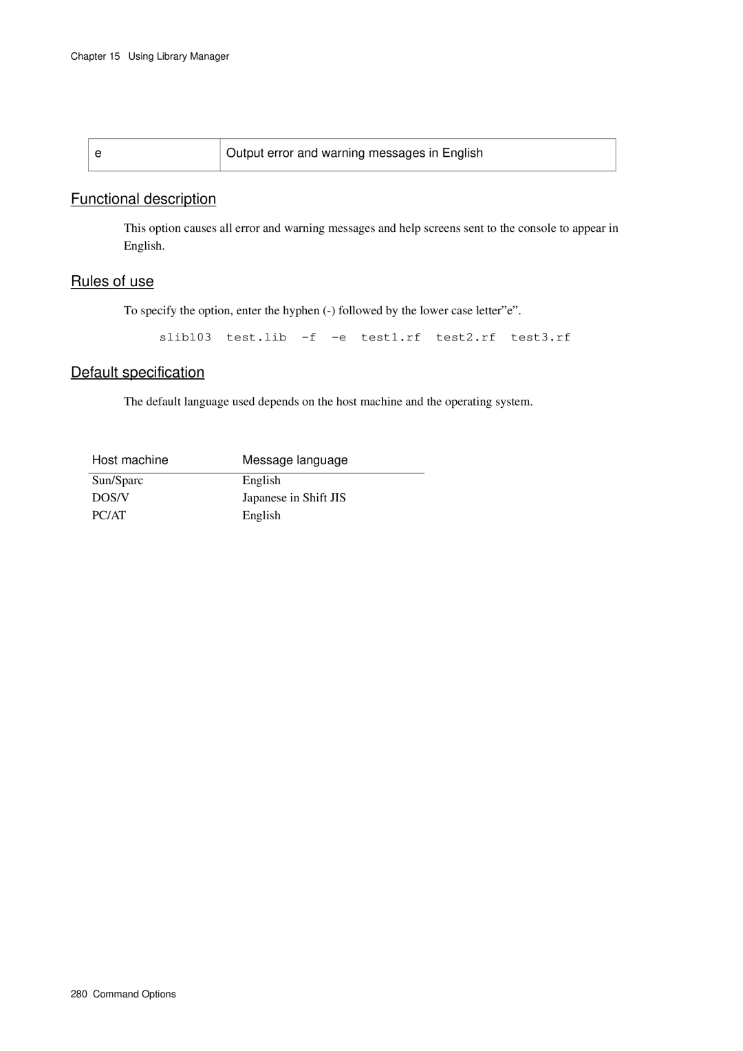 Panasonic MN1030 Output error and warning messages in English, Slib103 test.lib -f -e test1.rf test2.rf test3.rf 