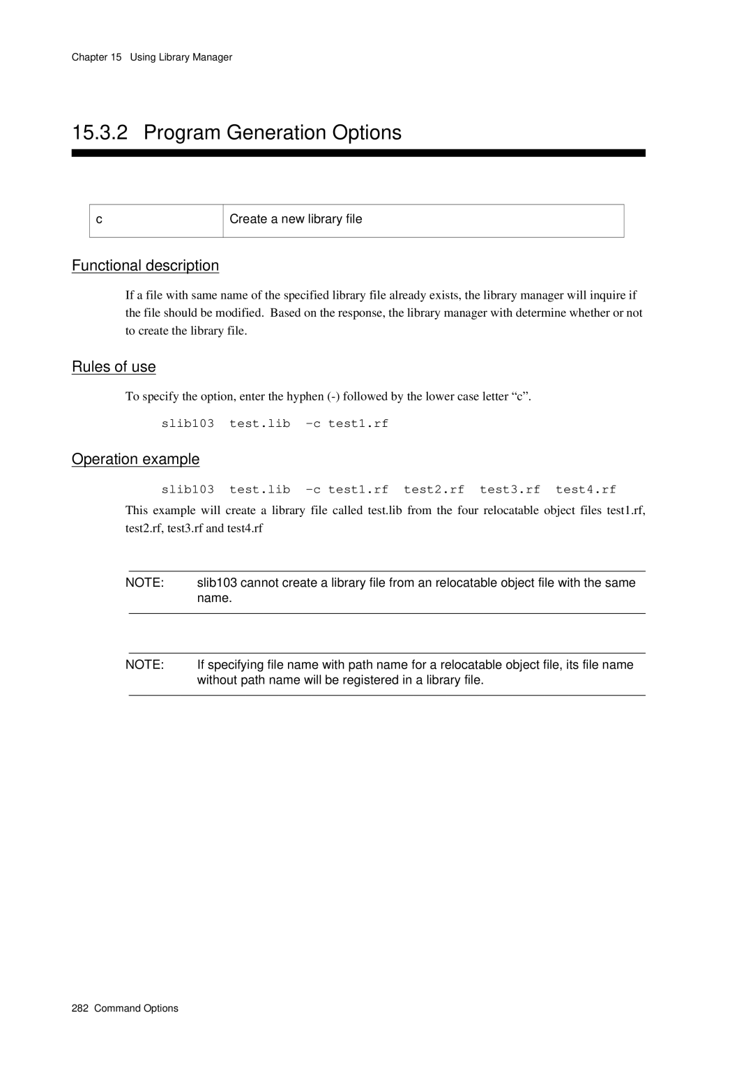 Panasonic MN1030 user manual Create a new library file, Slib103 test.lib -c test1.rf, Name 