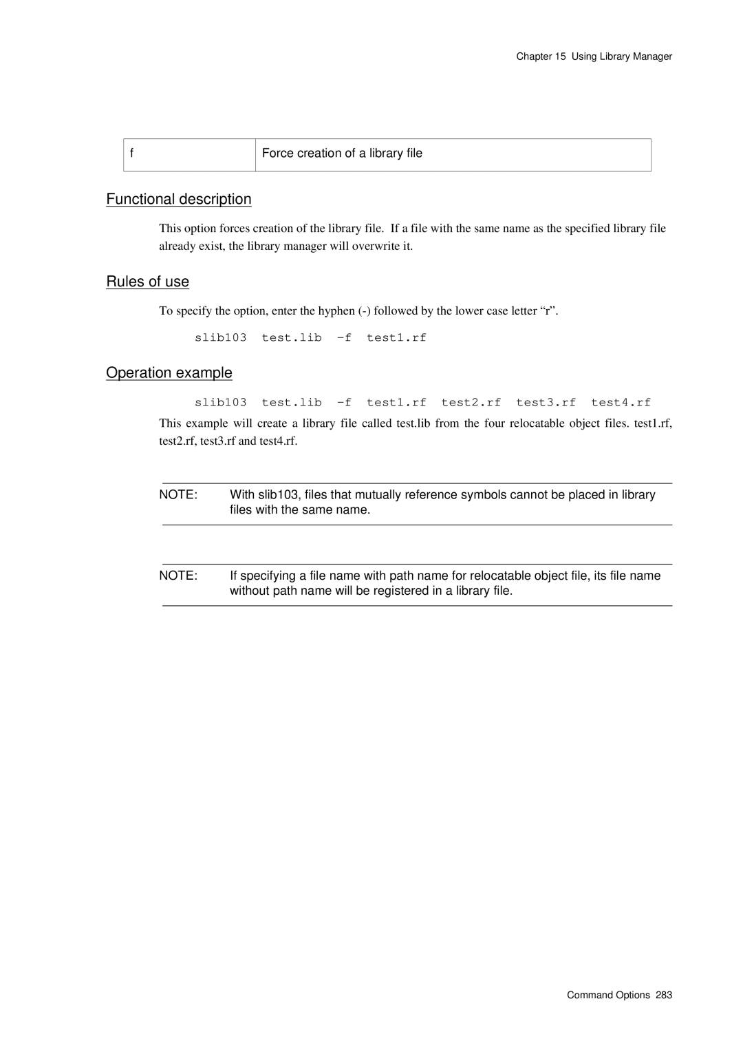 Panasonic MN1030 user manual Force creation of a library file, Slib103 test.lib -f test1.rf, Files with the same name 