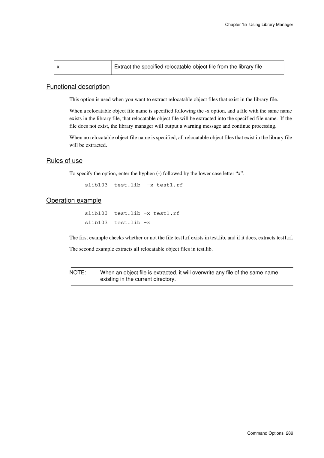 Panasonic MN1030 user manual Slib103 test.lib -x test1.rf slib103 test.lib, Existing in the current directory 