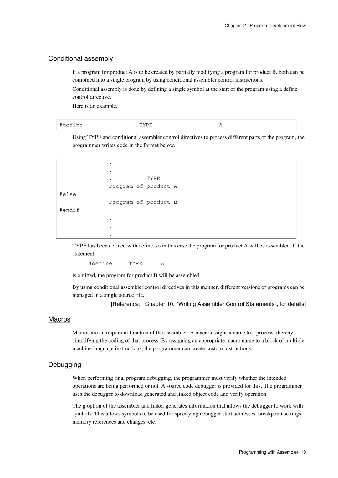 Panasonic MN1030 user manual Conditional assembly, Macros, Debugging 