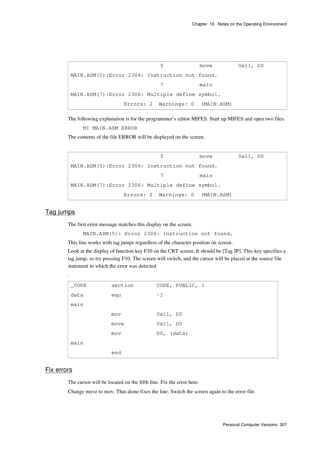 Panasonic MN1030 user manual Tag jumps, Fix errors, Contents of the file Error will be displayed on the screen 