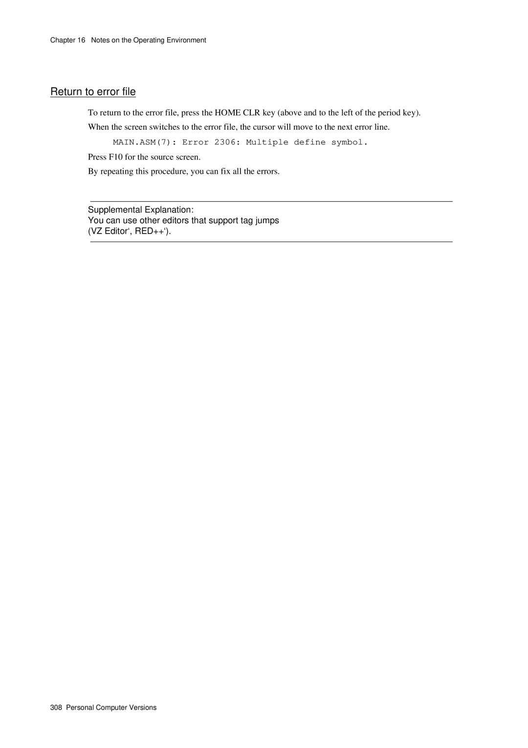 Panasonic MN1030 user manual Return to error file, MAIN.ASM7 Error 2306 Multiple define symbol 