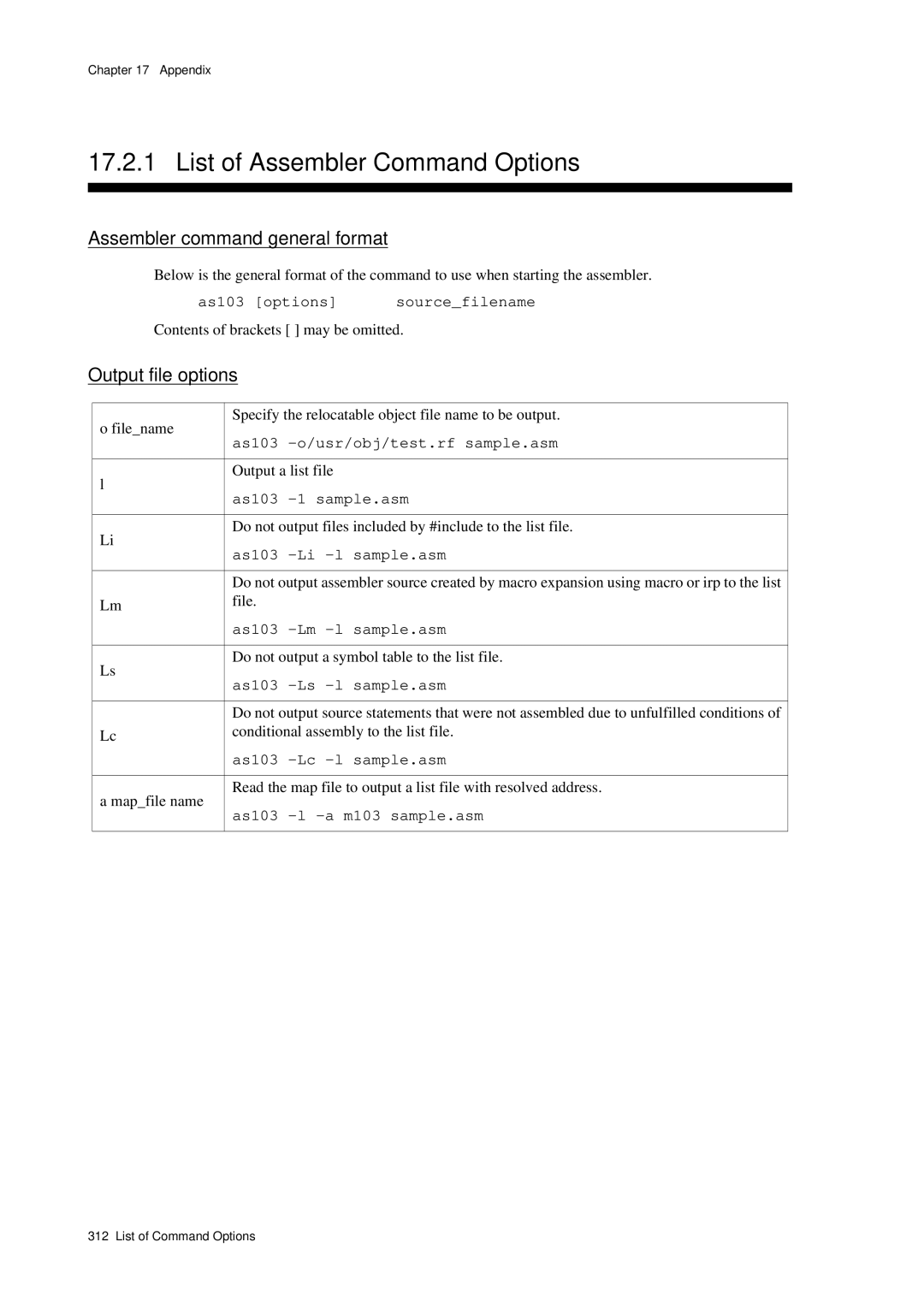 Panasonic MN1030 user manual List of Assembler Command Options, Assembler command general format, Output file options 