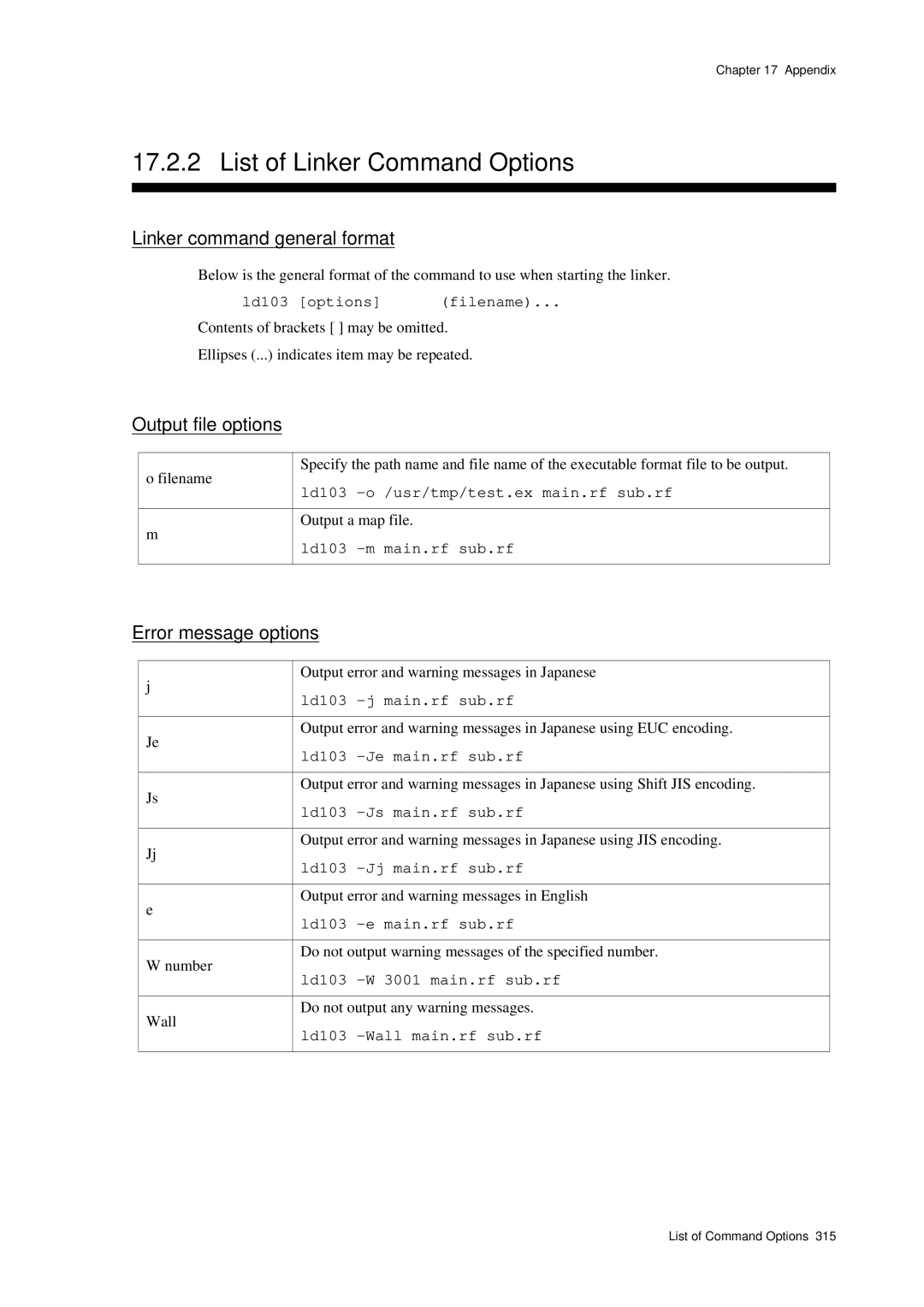 Panasonic MN1030 user manual List of Linker Command Options, Linker command general format 