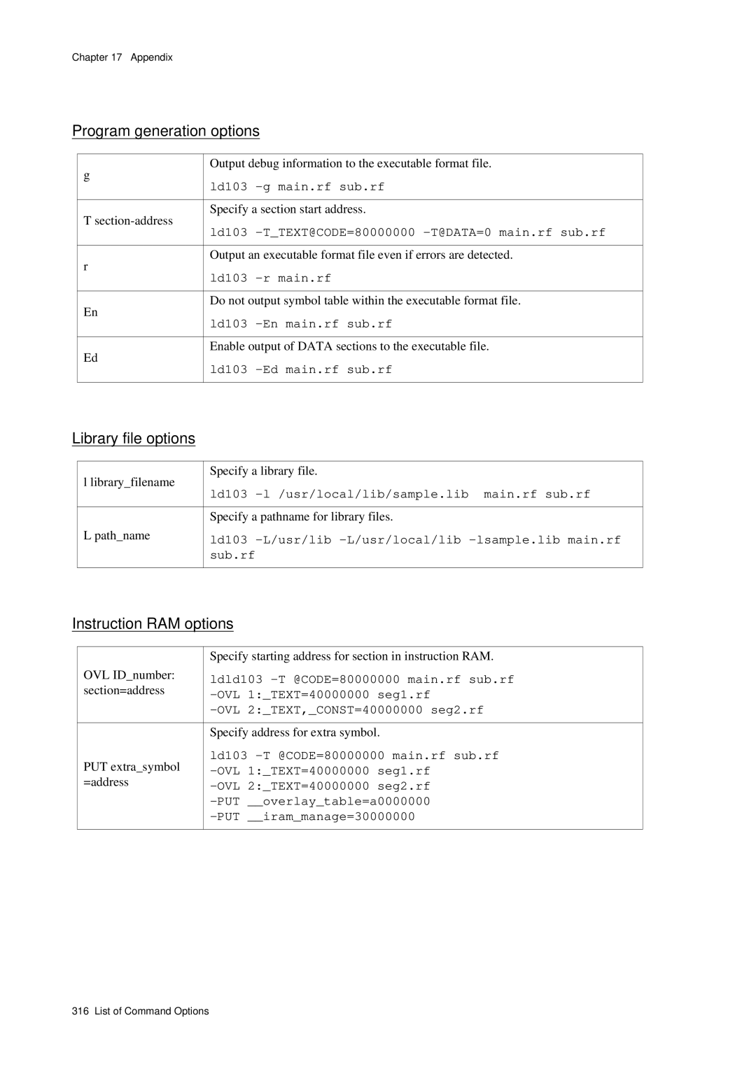 Panasonic MN1030 user manual Library file options, Instruction RAM options 